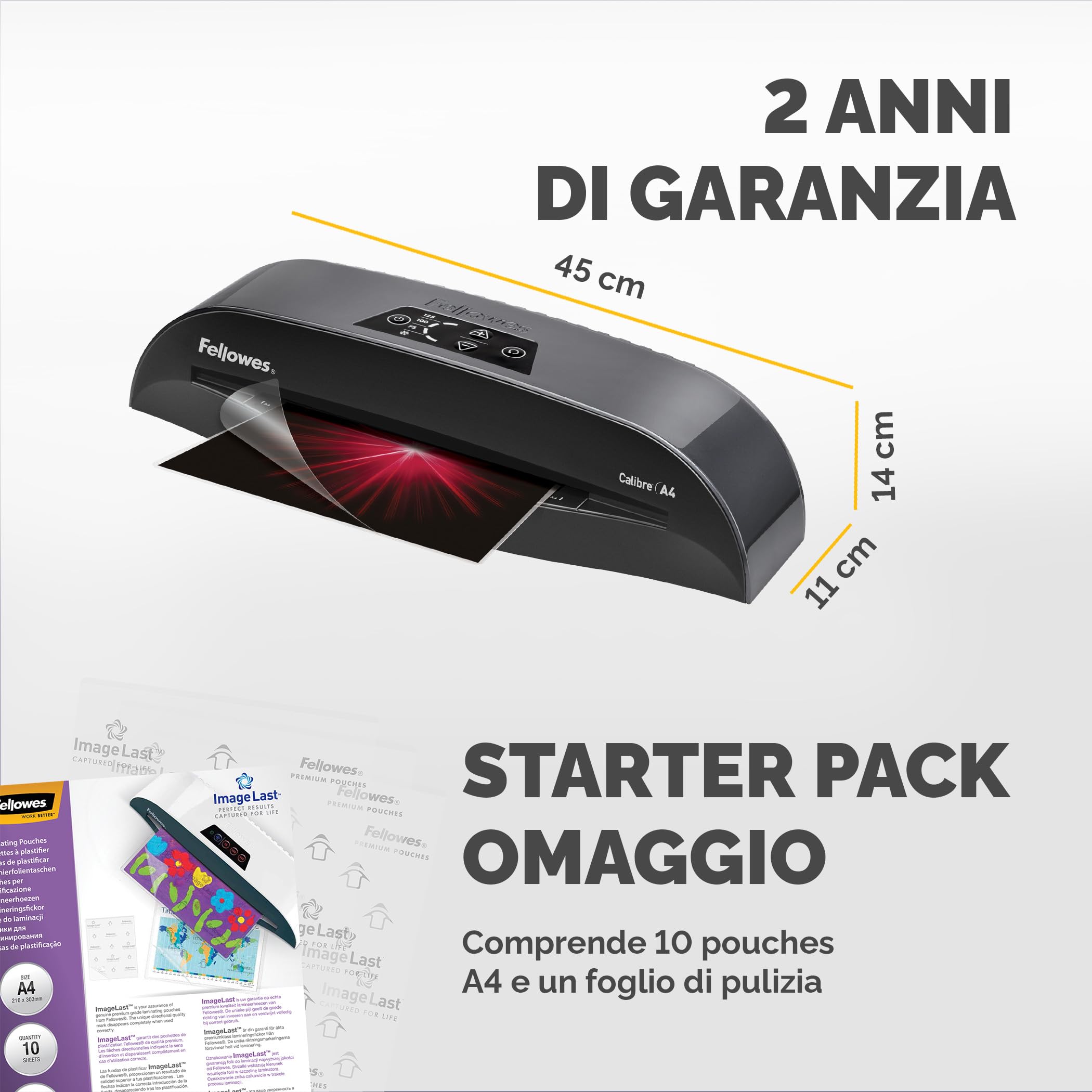 Fellowes Plastificatrice A3 Calibre per piccoli uffici, Pronta in 1 minuto con Spegnimento e modalità Riposo, 80-125 Micron, Kit con 10 fogli A4 per plastificazione incluso, Nero