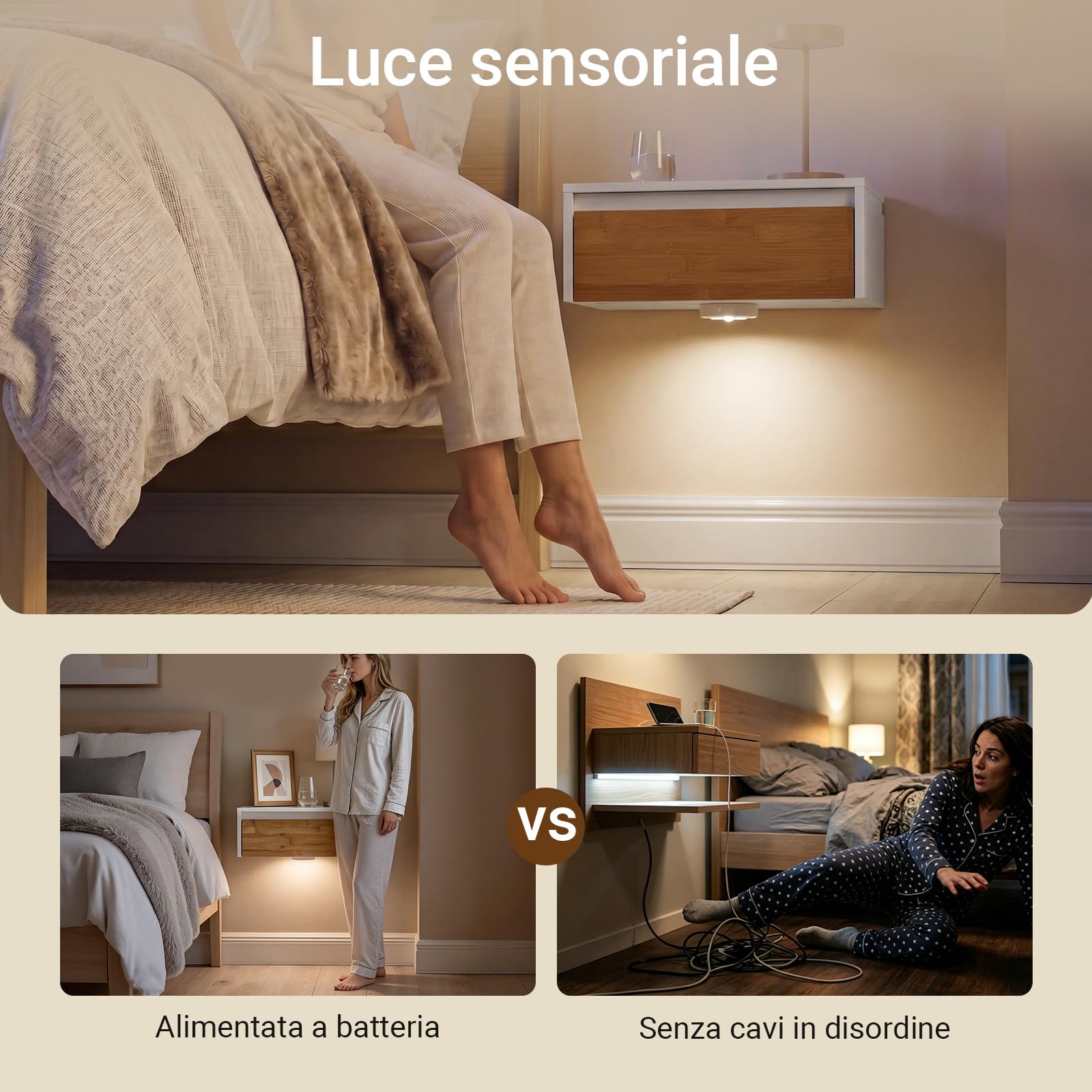 SoBuy Comodino sospeso con luce LED a sensore, 40x29,8x15,6 cm | Comodino da parete con luce rimovibile e cassetto, Bianco Naturale, per camera da letto e ingresso, FBT174-E-WN