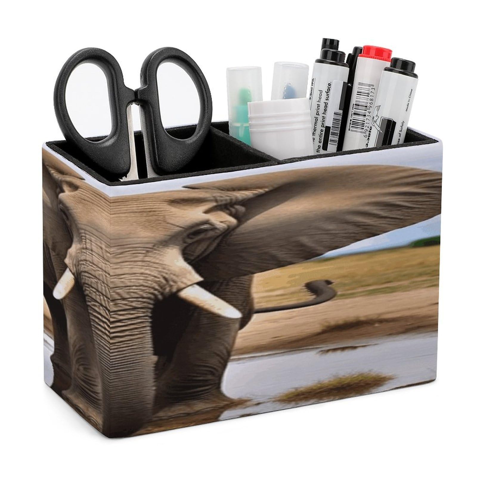 VstaDank African Wild Animals Elephant Pencil Holder for Desk(Double Slots) Fashion Leather Pencil Cup Simple Rectangular Shape Pen Holder Multi-Functional Pen Cup for Home Office Supplies Storage