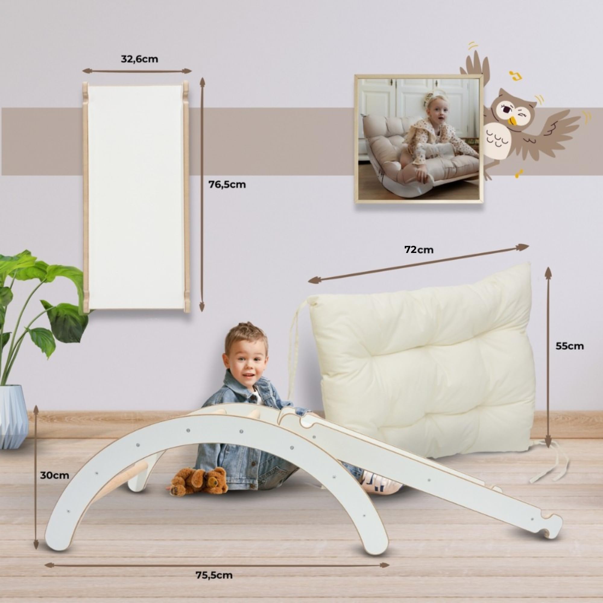 MAMOI® Klettergerüst Indoor 3 in 1 Set. Montessori Kletterbogen mit Kissen, Indoor Spielplatz und Rutsche
