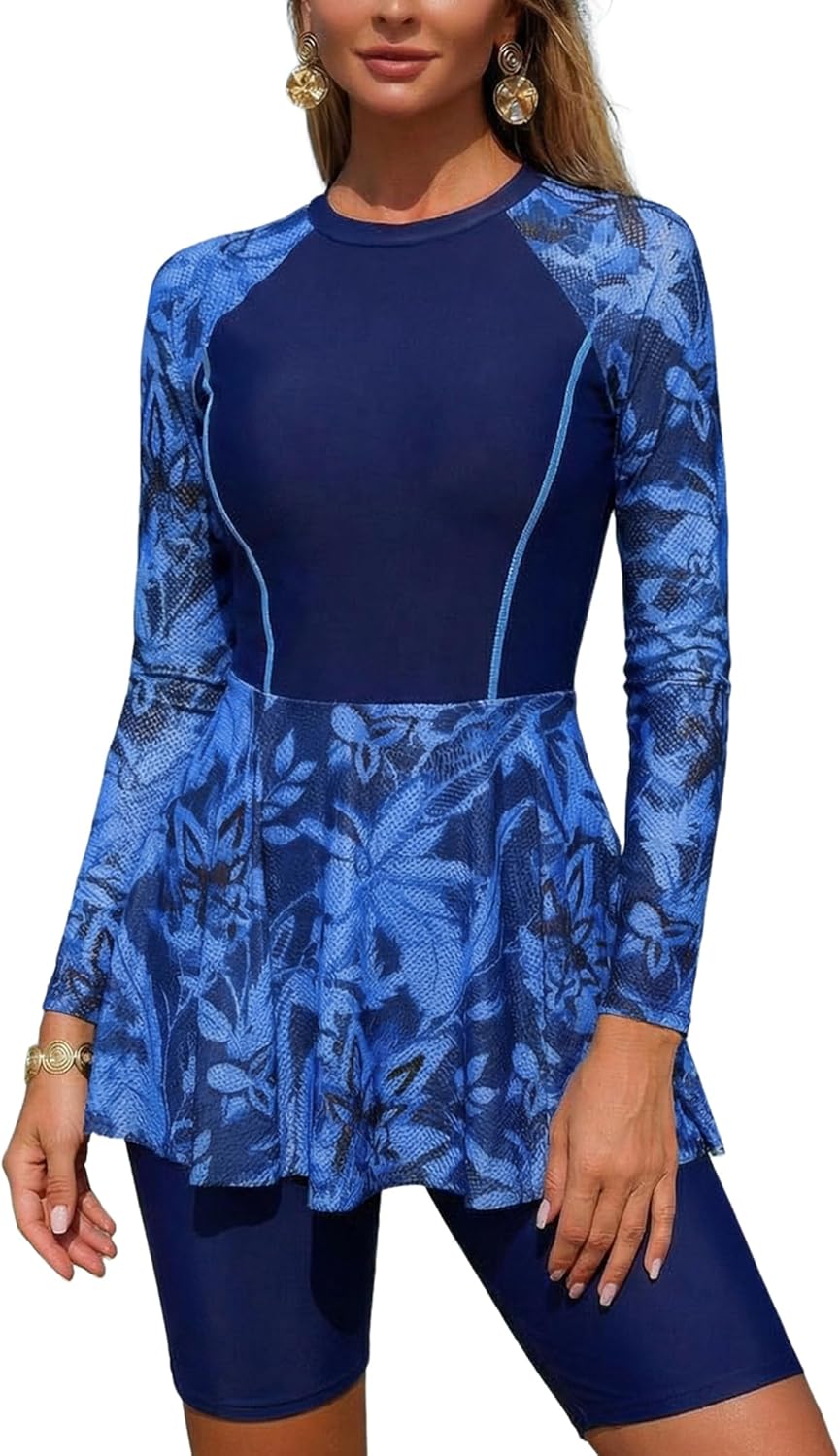 ABAFIP Women's Long Sleeve Bathing Suit Floral Print Rash Guard Swimdress Swimsuit 2 Piece Swimwear Shorts