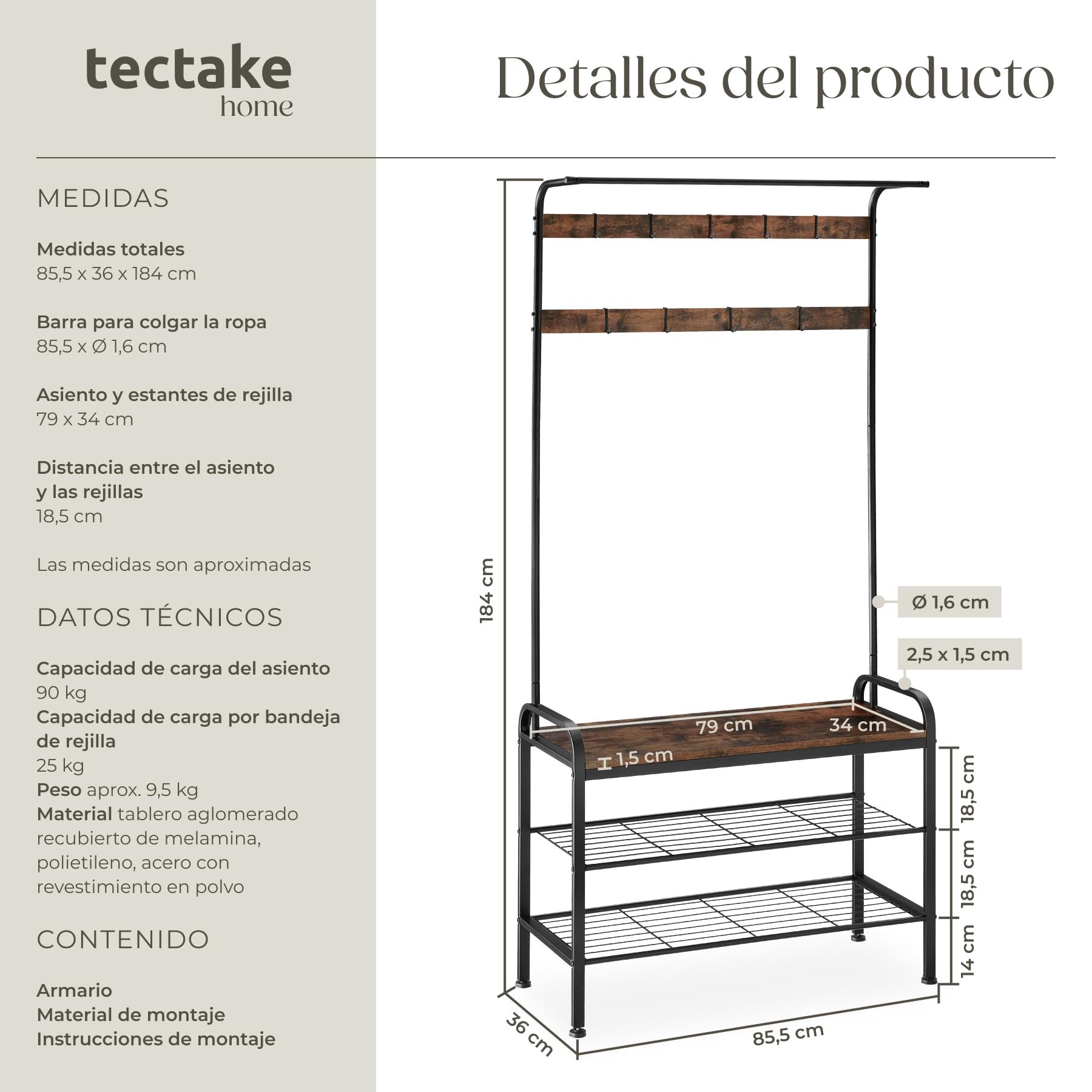 tectake® Perchero Entrada Recibidor, Banco de Madera, Colgador de Ropa, Barra Perchero, Zapatero con Perchero, Dos Estantes, Mueble Zapatero - 85,5 x 36 x 184 cm Madera Industrial Oscura, Rústica