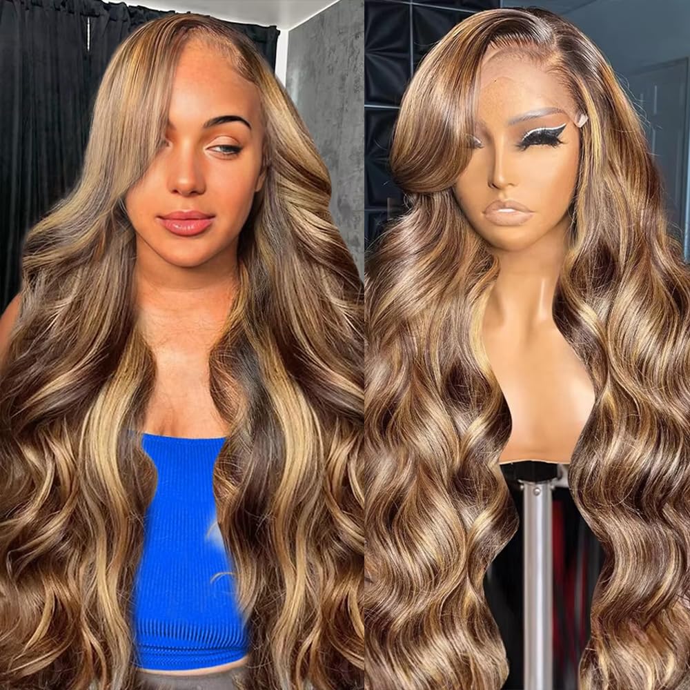 Xiayume Ombre Lace Front Wigs Human Hair 20inch Highlight HD Body Wave Lace Front Wigs 180% Density 4/27 Colored Honey Blonde Wig For Women Glueless Pre Plucked with Baby Hair