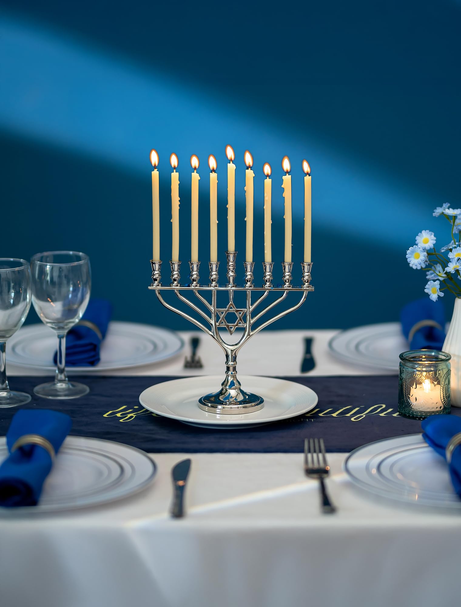 Sziqiqi Chandelier Hanouka 9 Branches: Menorah Hanouka Petite avec Etoile de David - Hanoukia Menorah Argentde Zinc 19 cm de Hauteur pour Table Voyage Fenêtre