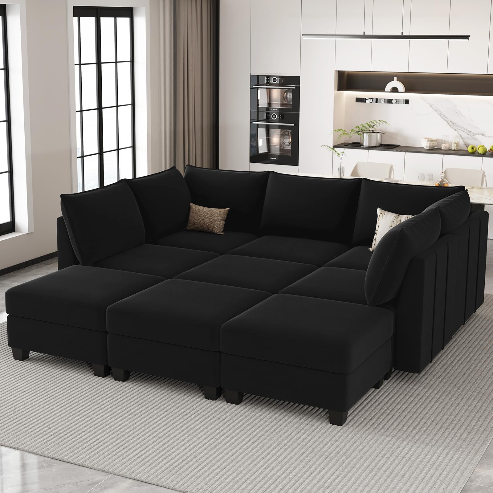 Belffin Modular Sectional Sofa Bed with Storage 9-Seater Velvet Reversible Sleeper Couch for Living Room Black