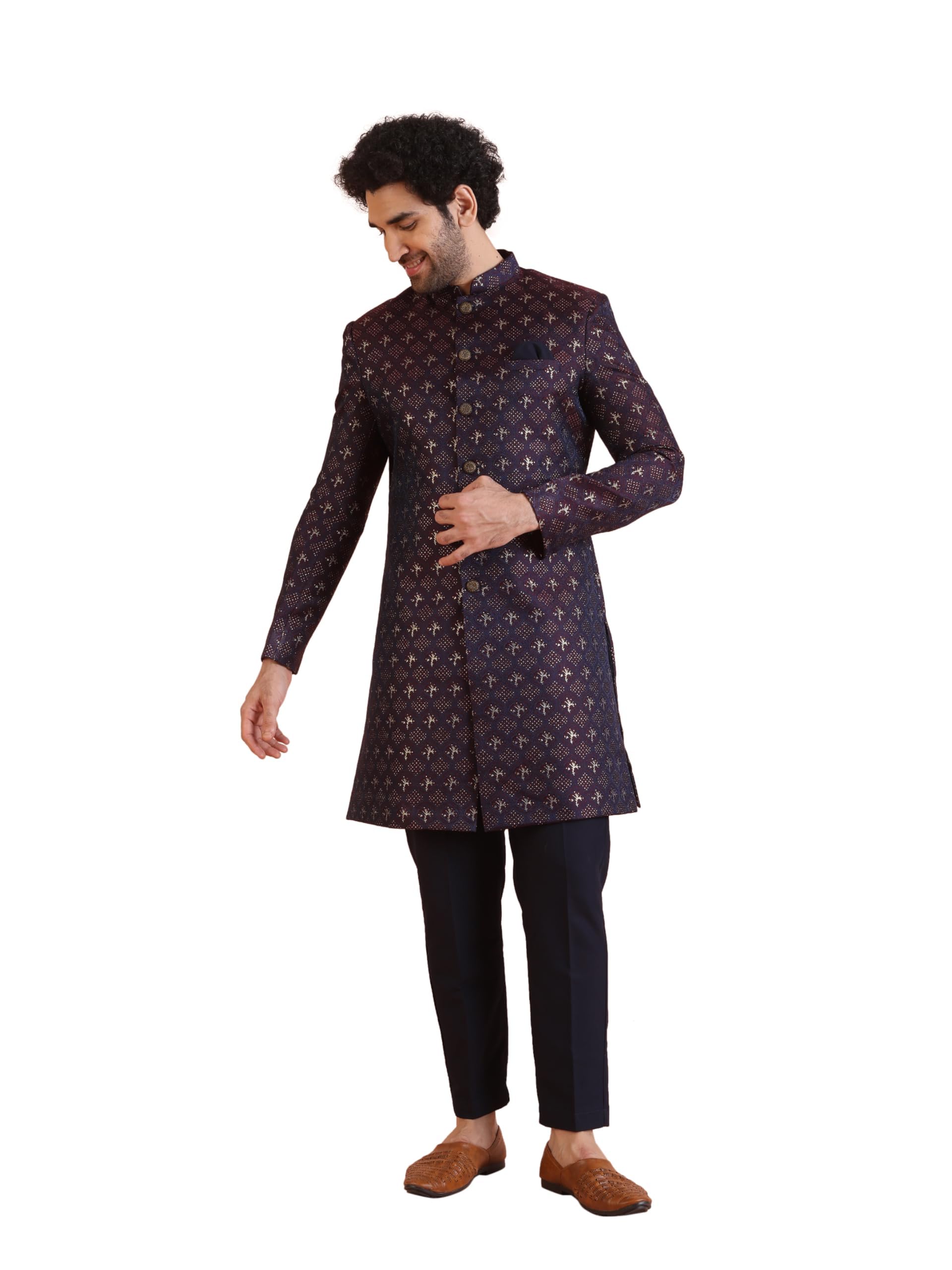 Kisah Men's Purple And Navy Blue Sherwani Trousers Set, Cotton Full Sleaves, Knee Length, Straight, Regular Fit, Mandarin Collar Ethnic Wear