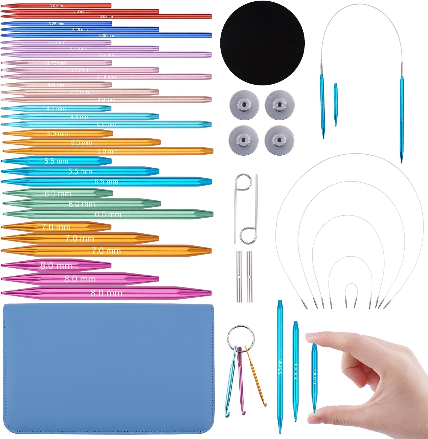 Mdoker Circular Knitting Needle with Case 11 Pairs Interchangeable Aluminum Circle Needles with 5pcs 360°Swivel Cables,Round Knitting Needles Size 3mm-8mm