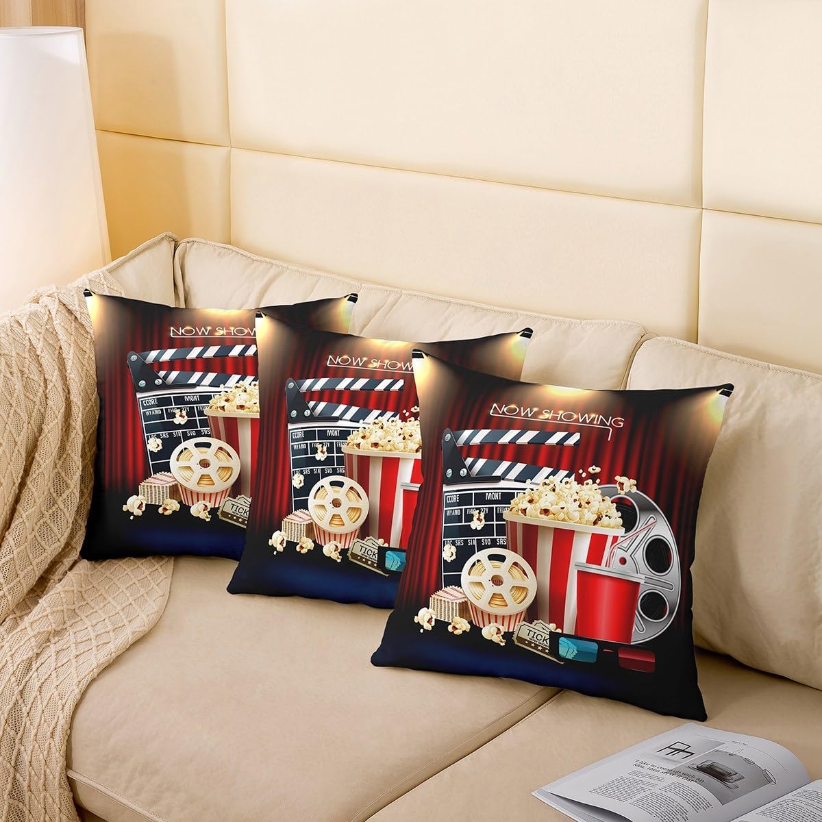 Movie Theme Throw Pillow Covers 24x24 Set of 2 Vintage Cinema Ticket Pillow Covers For Boys Teens,Ceremony Photo Photography Cushion Cases Home Theater Decor Decorative Pillow Covers Bed Sofa Decor