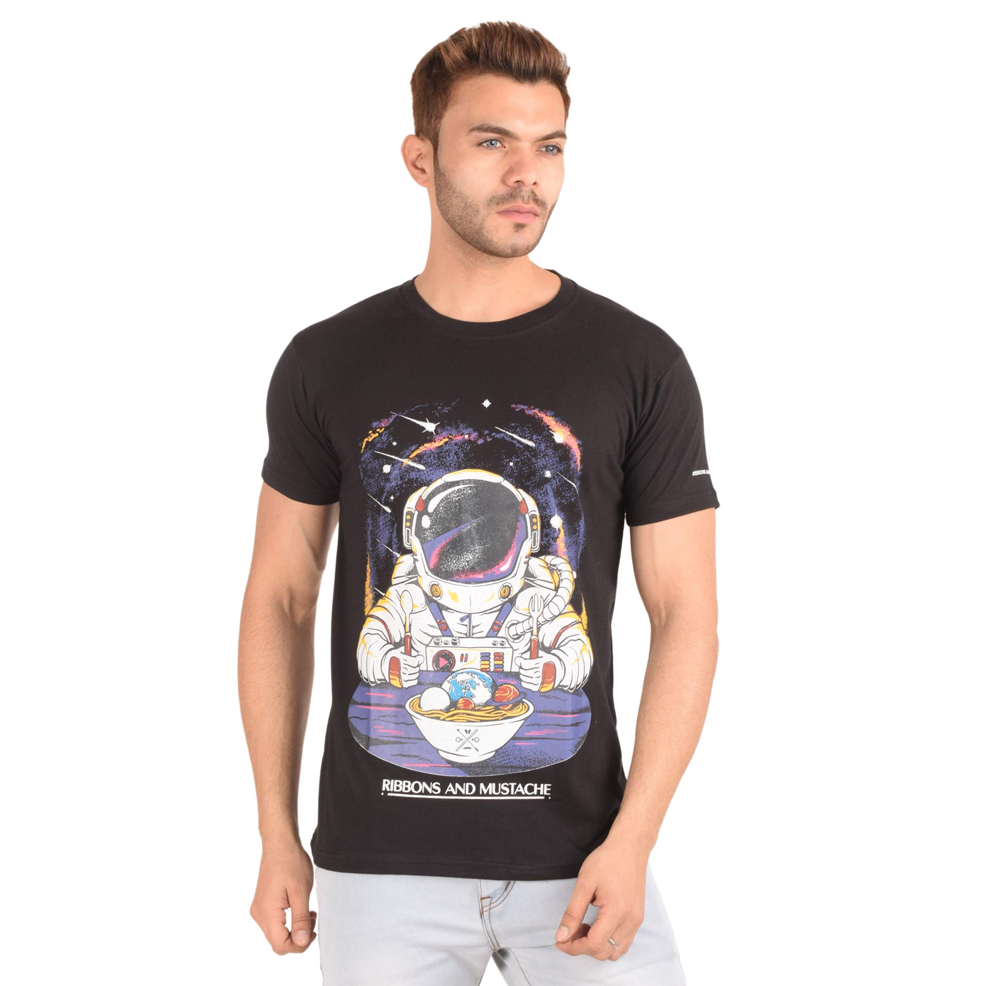 Ribbons and Mustache Cotton Planet Bowl Printed T-Shirt for Men