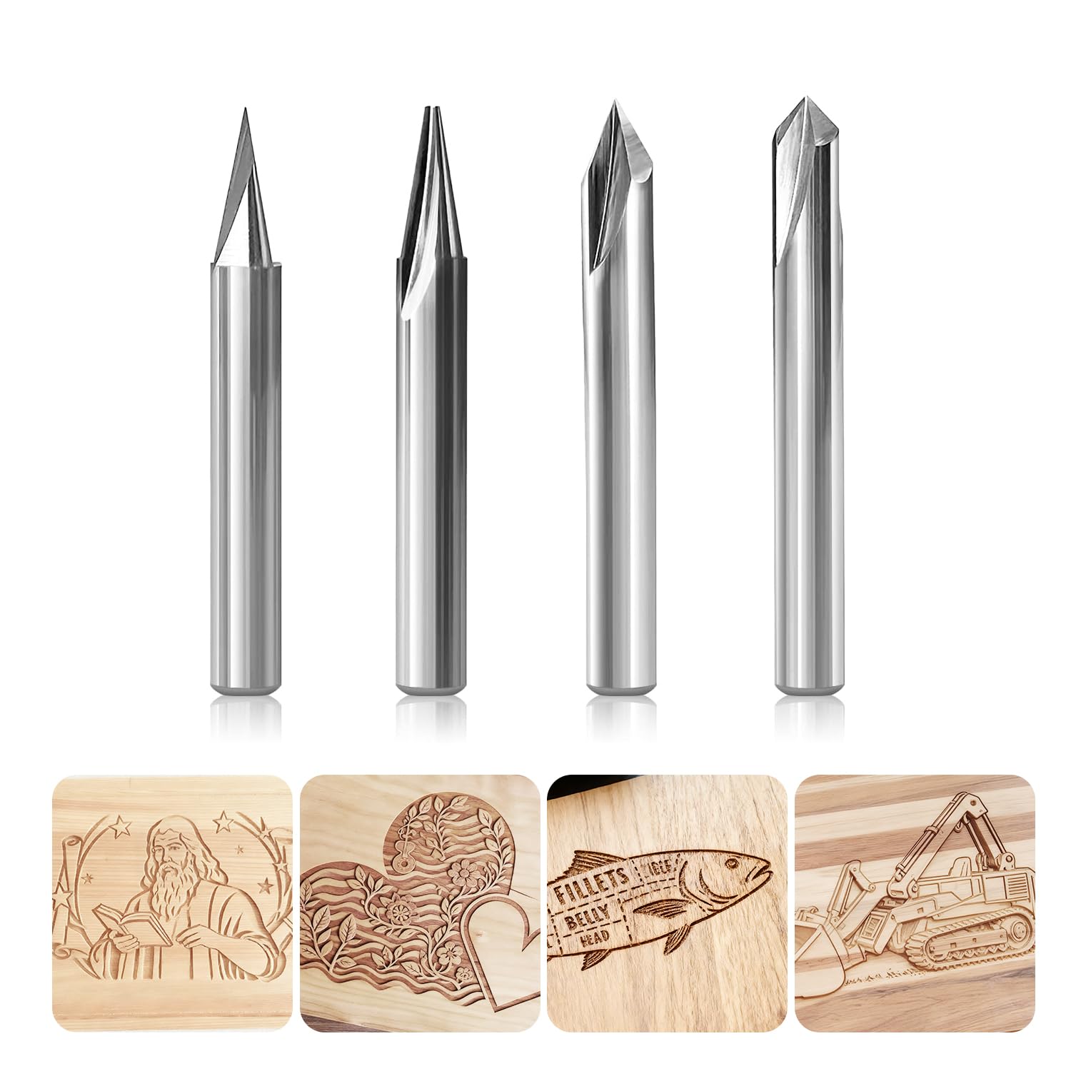 Engraving Bits, 2 Flutes Straight CNC V-bit 1/4 Inch Shank Marking Conical Engraving Router Tool for Steel Aluminum Brass MDF Wood by - Tungsten Steel
