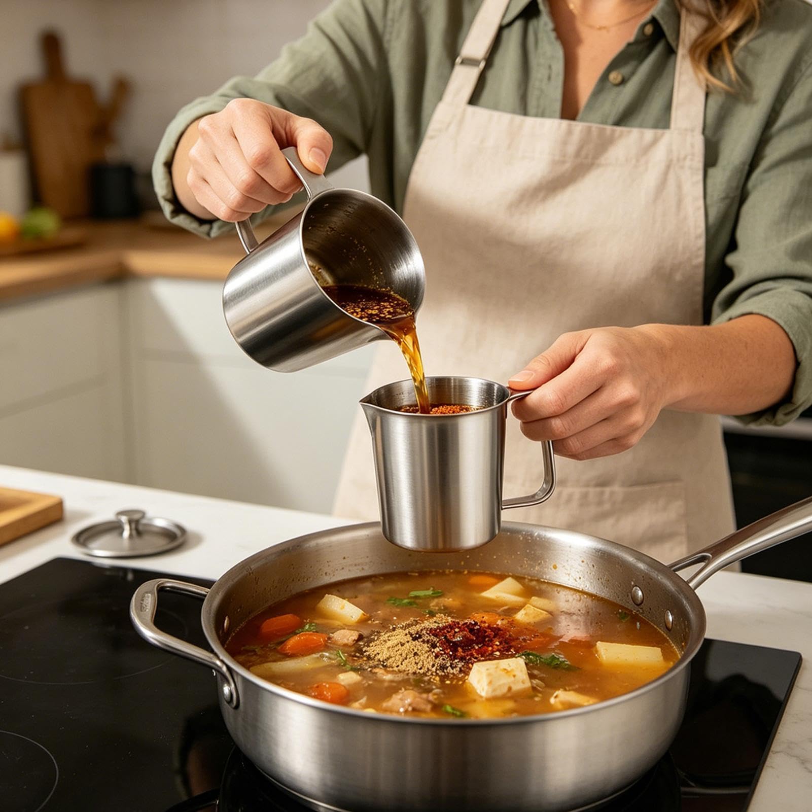 Flüssiger Messbecher - Hitzebeständiger Doppelskalen-Behälter mit Deckel zum Kochen und Backen, spülmaschinenfester Milchaufschäumer Becher für den Heimküchengebrauch