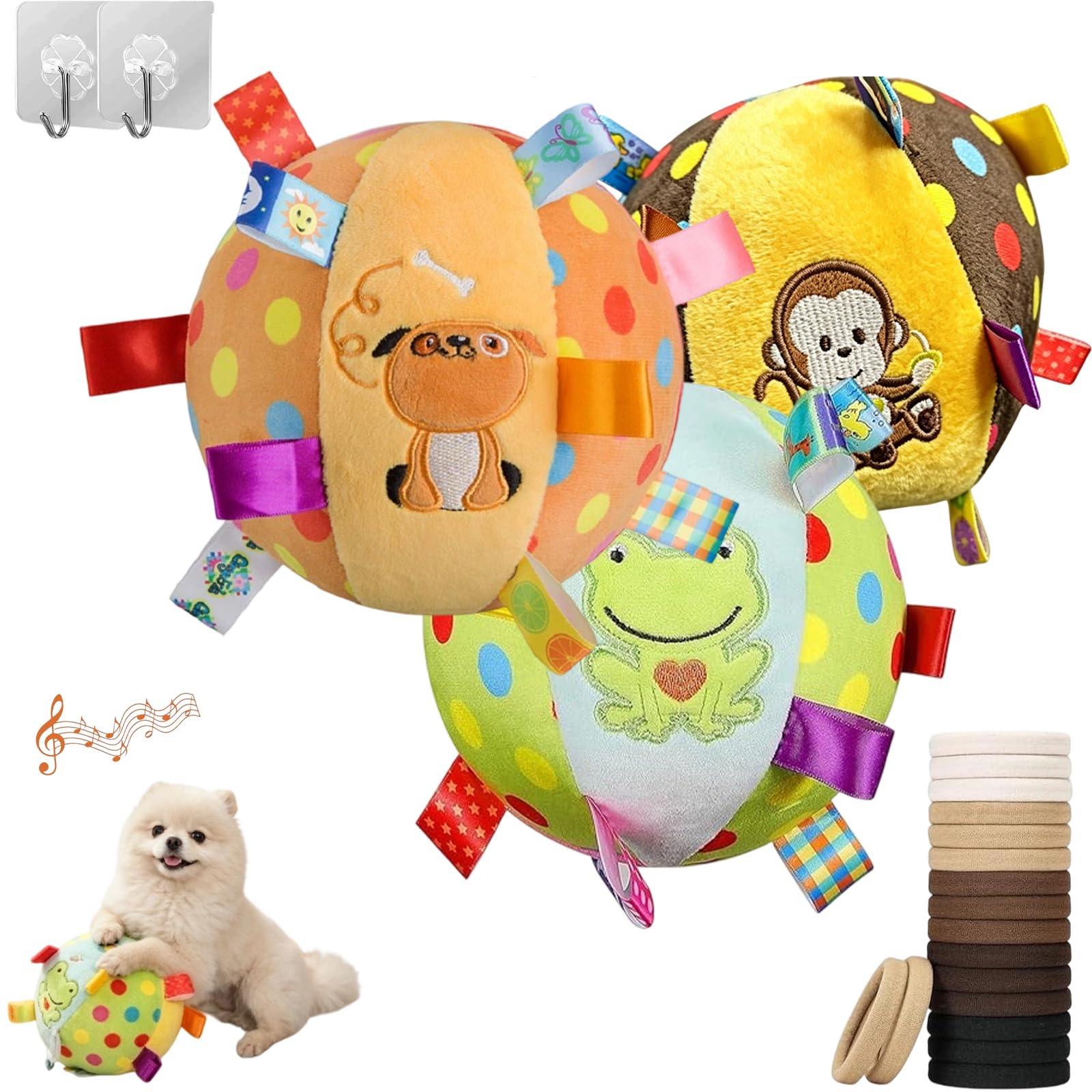 Buntes Quietschspielzeug zum Aufhängen, interaktives Apportierspielzeug für Haustiere für drinnen und draußen, 15,2 cm, weicher gefüllter Ball mit Baumwollmaterial und integrierter Glocke