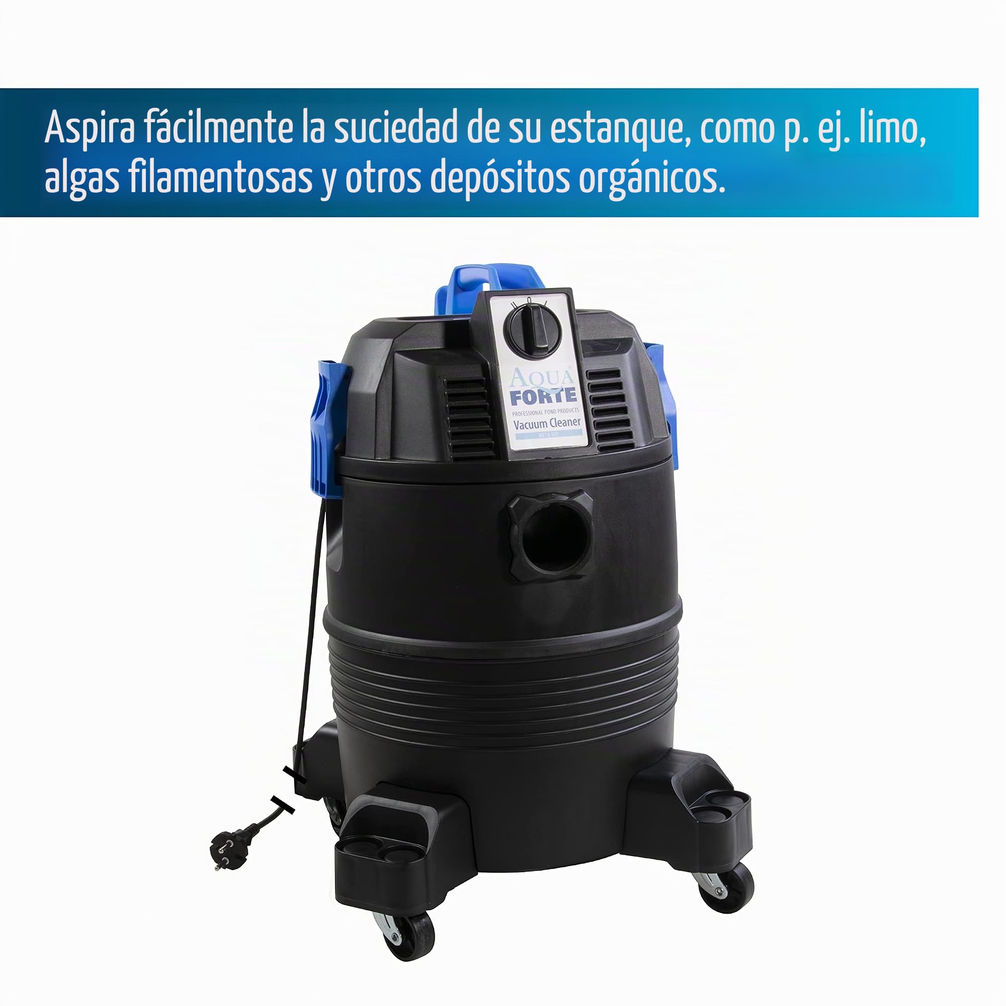 AquaForte Aspirador de estanques, manguera de aspiración de 4 m, manguera de descarga de 1,5 m y 4 tubos de aspiración de los cuales 2 son transparentes, limpieza de estanques, cable 5 m | Manguera de 4 m, recipiente de plástico