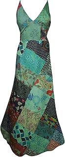 Mogul Interior Women's Spaghetti Strap Dress Green Summer Casual Flowy Patchwork Beach Cami Maxi Dresses S/M