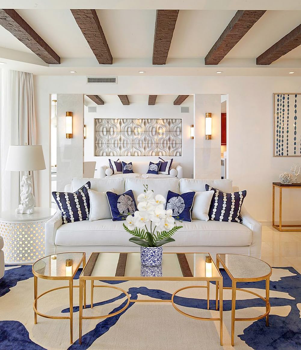 Briful White Orchid Artificial Flowers with Blue and White Pot, 15.7" Silk Orchid Fake Plant Faux Orchids for Home Office Shelf Room Table Centerpiece Decor