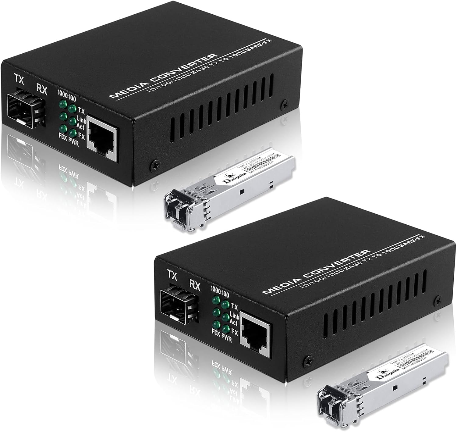 2-Pack Fiber to Ethernet Media Converter with Gigabit Multi-Mode SFP LC Module, 1.25G SFP to 10/100/1000M RJ45, MMF, 850nm, up to 550m (1804 ft)