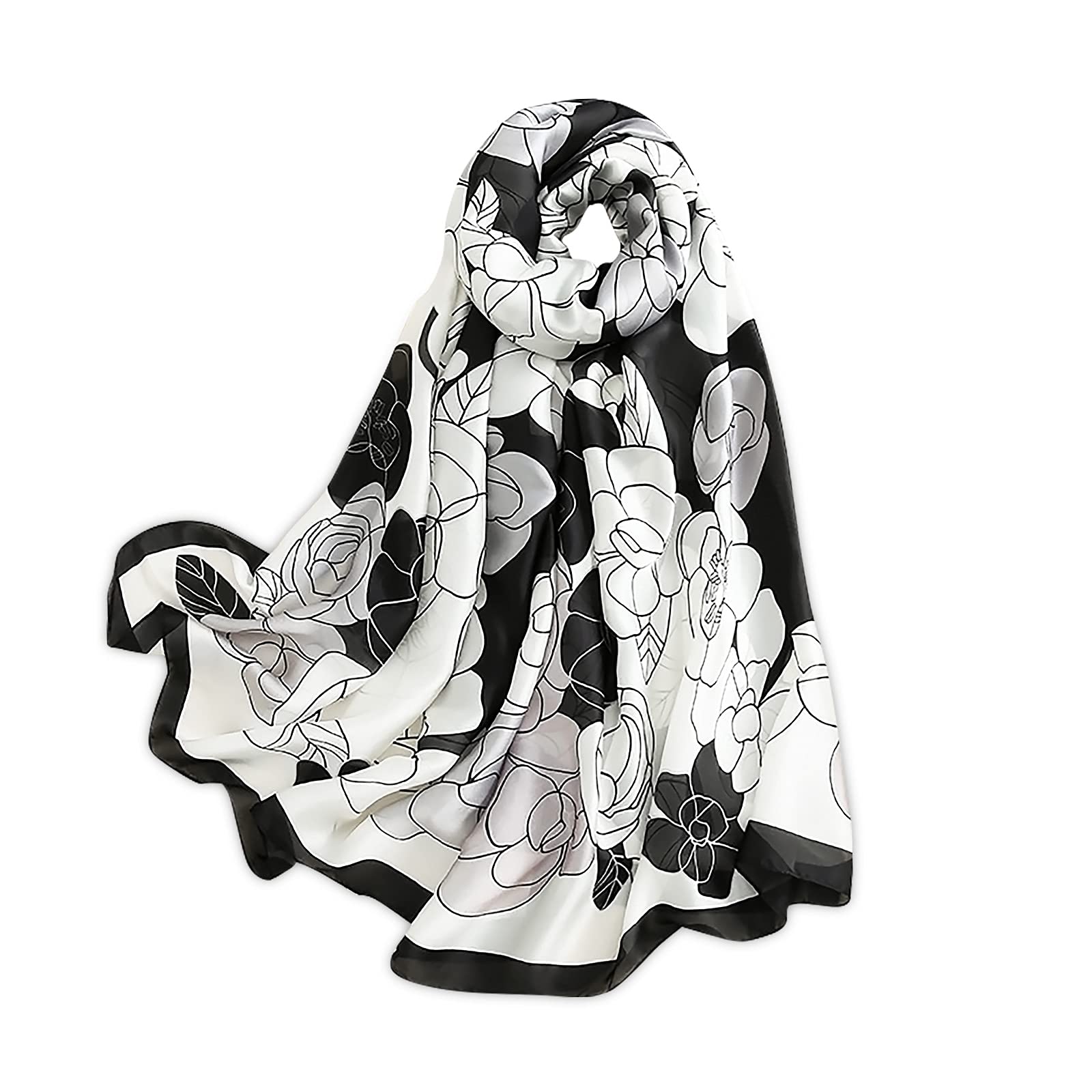 LumiSyne Women's Silk Scarves Artistic Ink And Wash Painting Elegant Floral Printed Long Shawl Soft Wrap Sunscreen Shawl All Season
