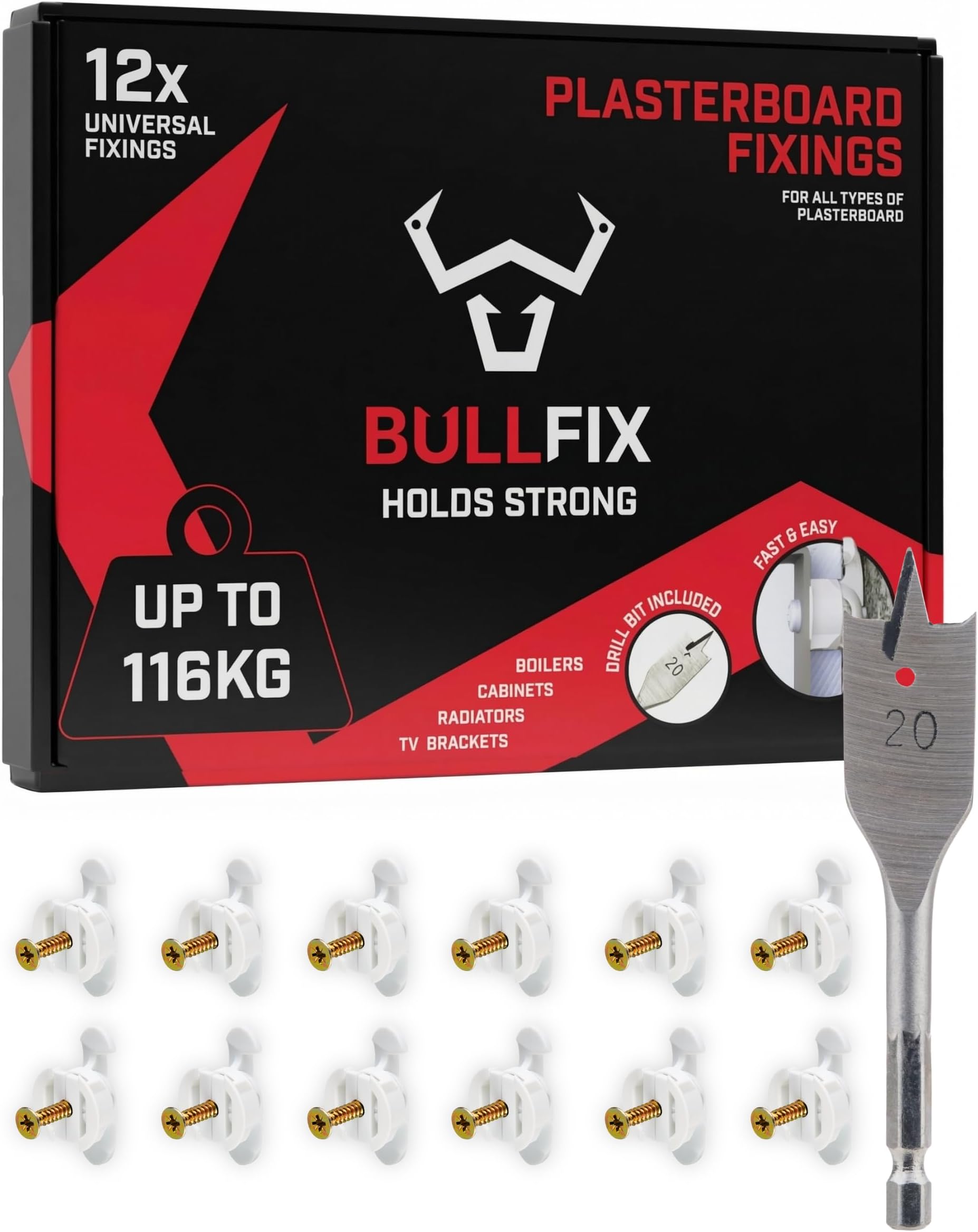 Bullfix Universal Plasterboard Fixings Heavy Duty - 12 Pack, Drywall Anchor for Dot & Dab, Stud & Hollow Cavity, Wall Anchor Kit with Screws, Holds Up To 116kg, 20mm Drill Bit