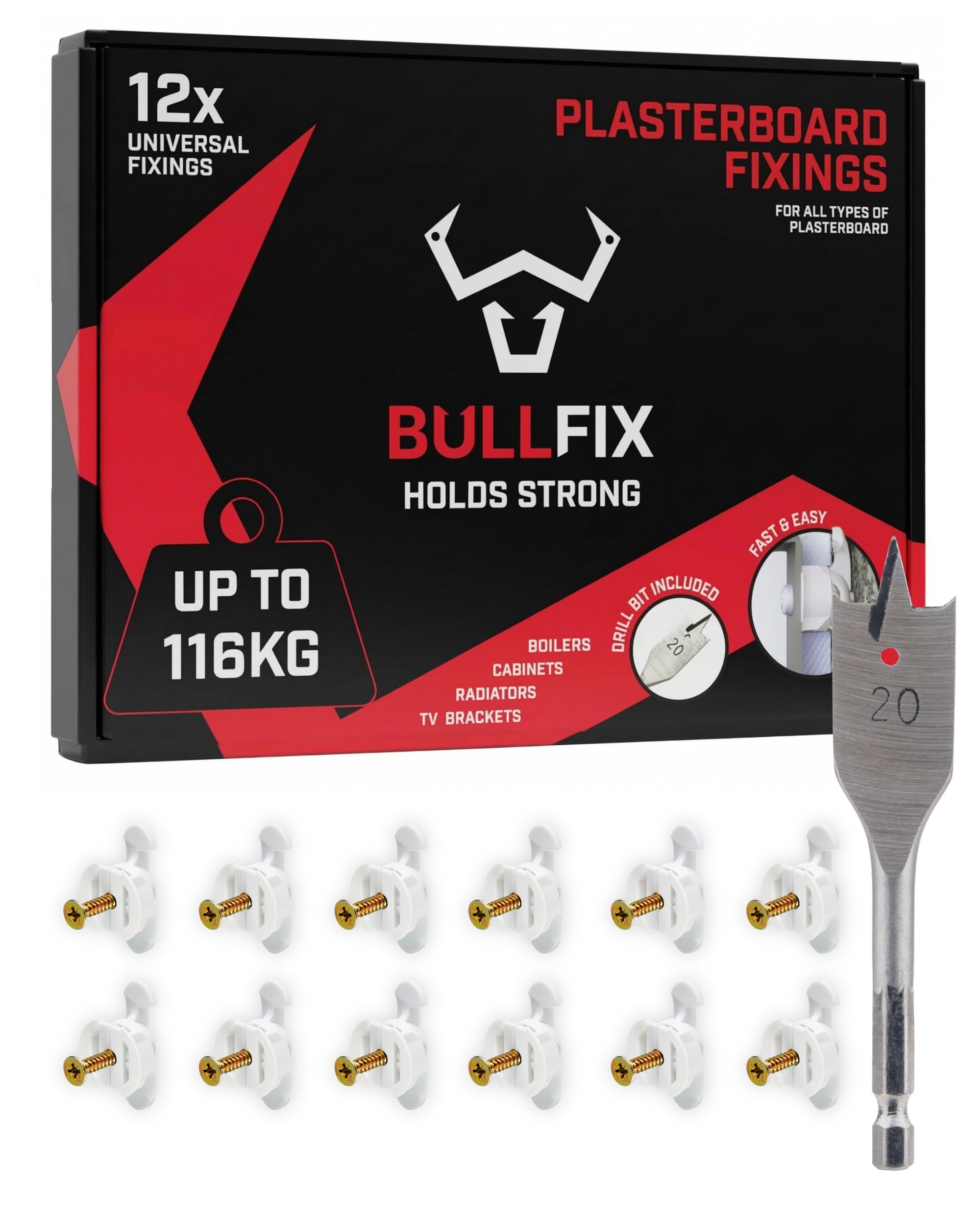 Bullfix Universal Plasterboard Fixings Heavy Duty - 12 Pack, Drywall Anchor for Dot & Dab, Stud & Hollow Cavity, Wall Anchor Kit with Screws, Holds Up To 116kg, 20mm Drill Bit