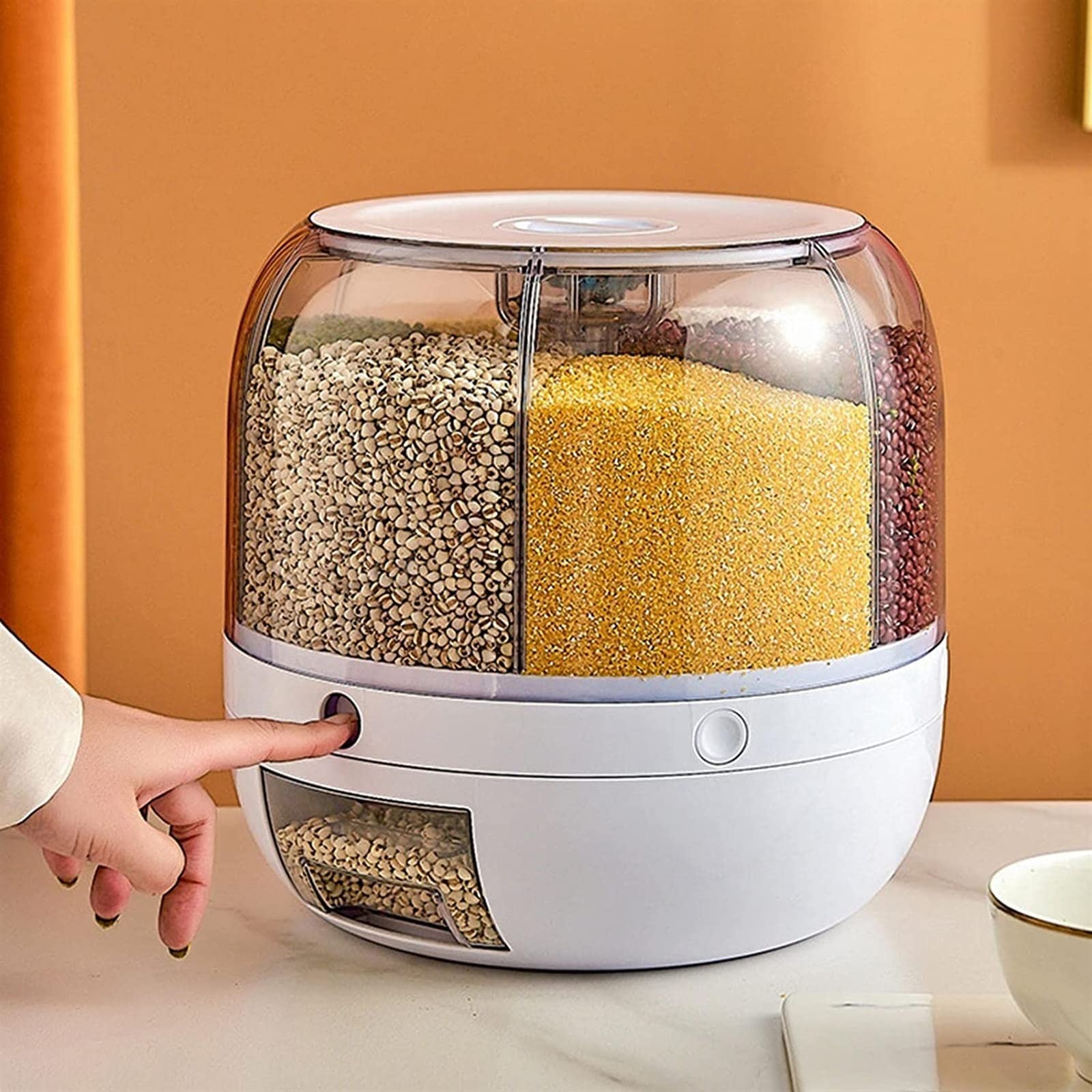 Contenitore per riso, girevole a 360°, grande capacità di 3,2 kg, 6 griglie, dispenser per alimenti rotante, visibile e rotondo, per cereali, snack, caramelle, chicchi di caffè, fai