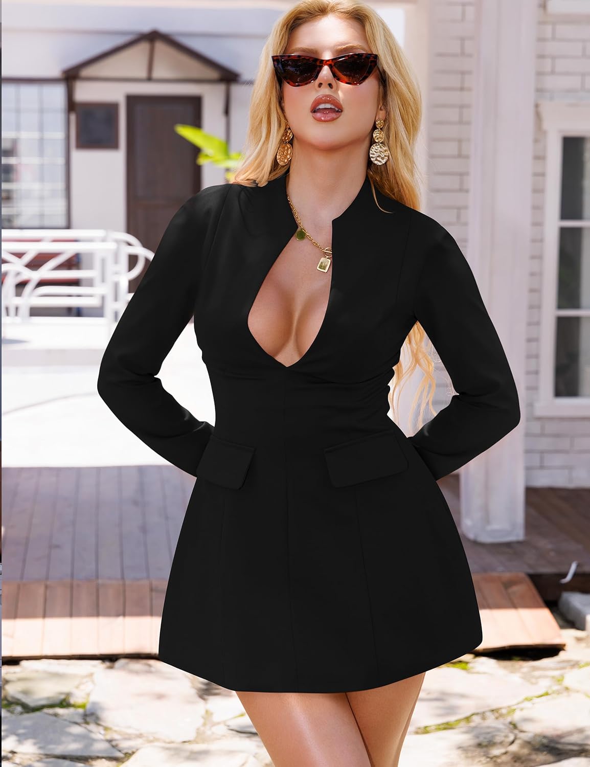 YMDUCH Women's Sexy Long Sleeve Deep V Neck A-Line Mini Party Cocktail Dress - Image 6