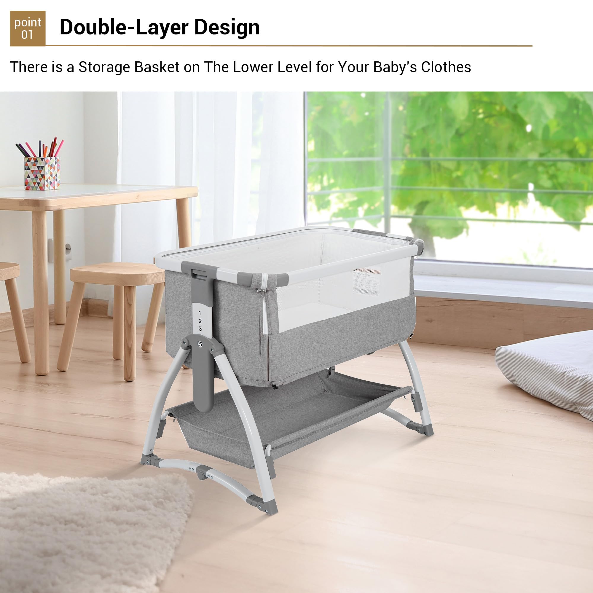 Berceau Bébé 4-en-1 Évolutif, Matelas Respirant 7 Positions Inclinaison Réglable, Fonction Bascule Silencieuse pour Cododo (0-36 Mois) - Housse de Transport Inclus