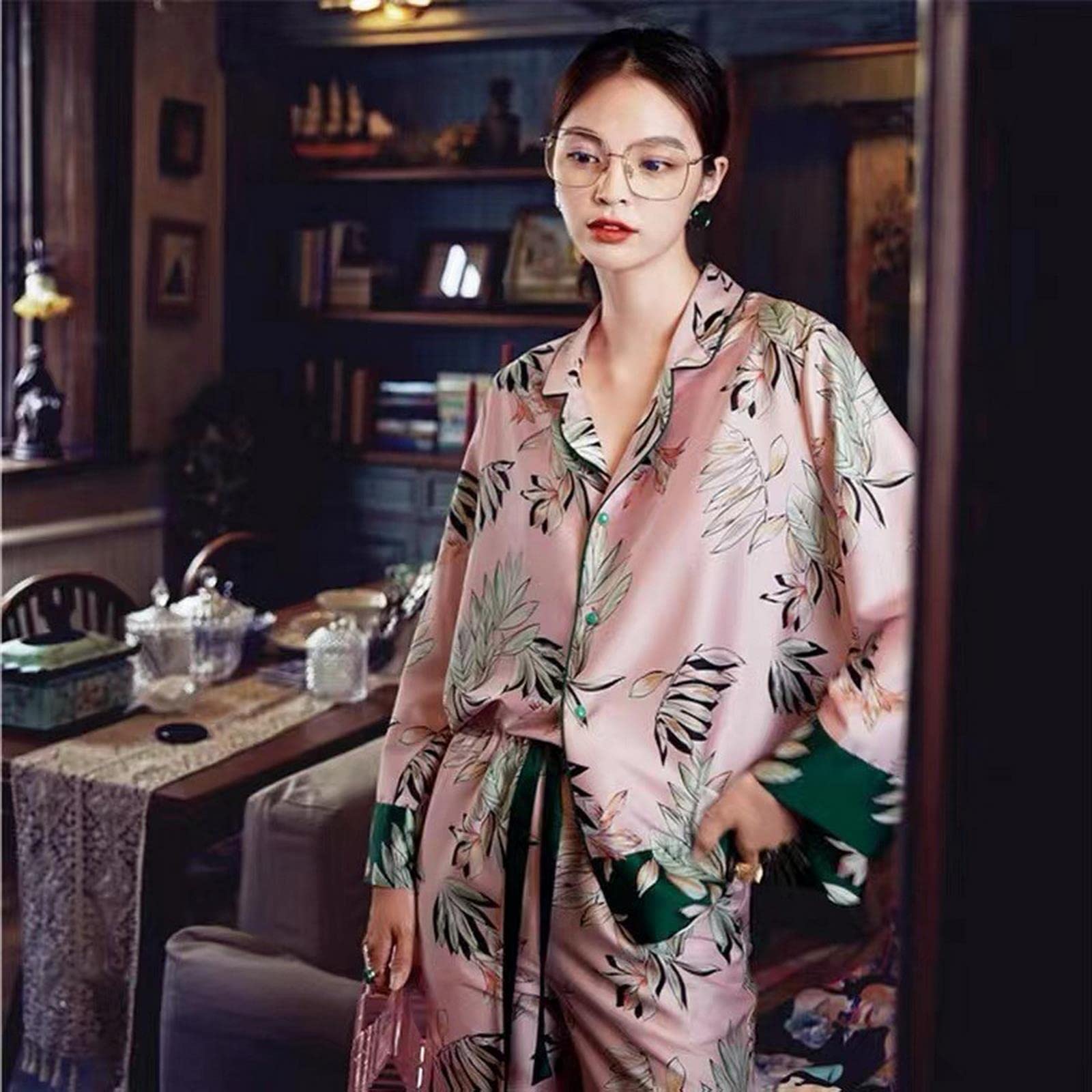 Pigiama Donna Stampa Floreale Donne Pigma Set Rosa Inverno Inverno Signore Abiti da Casa Autunno Pijama 2 Pezzi con Pantaloni Indossa