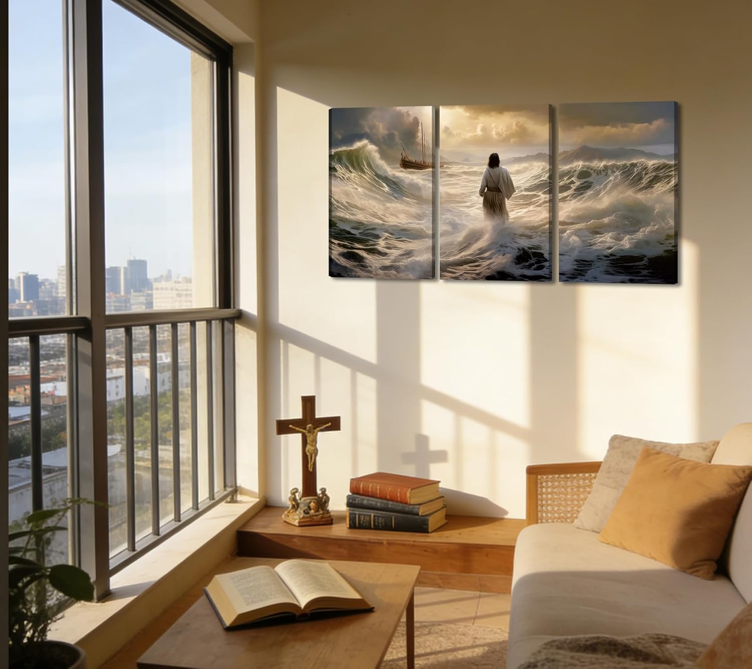 3Pcs Jesus Walking On Water Canvas Wall Art Christian Bible Stories Painting Picture Wall Decor Religious Spirit Faith Poster Print Artwork For Living Room Bedroom Church Ready To Hang