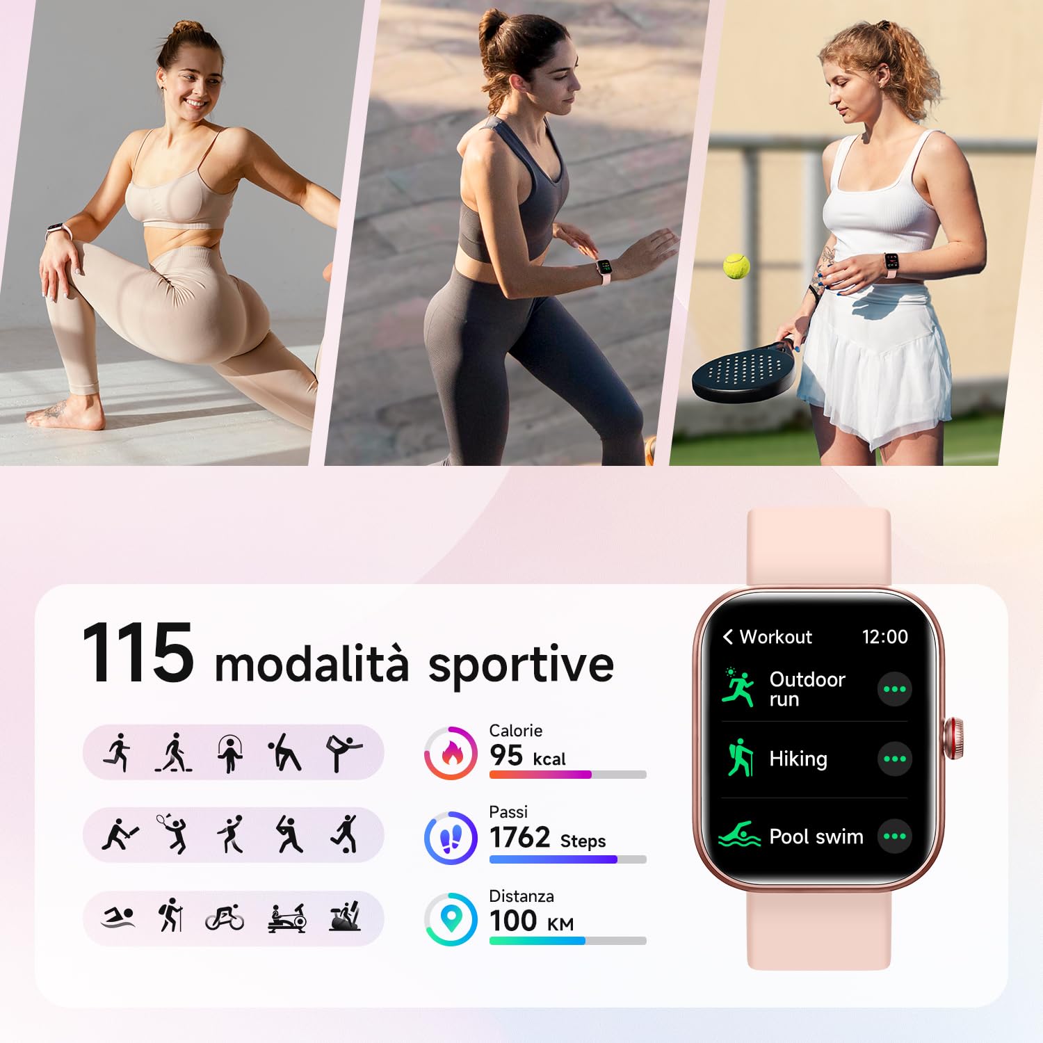 WMK Smartwatch Donna Orologio Fitness con Rispondere effettuare Chiamate Cardiofrequenzimetro Sonno Alexa AI SpO2 Contapassi-IP68 Smart watch donna con 110+ Sportive Giochi per iOS Android(Rosa)