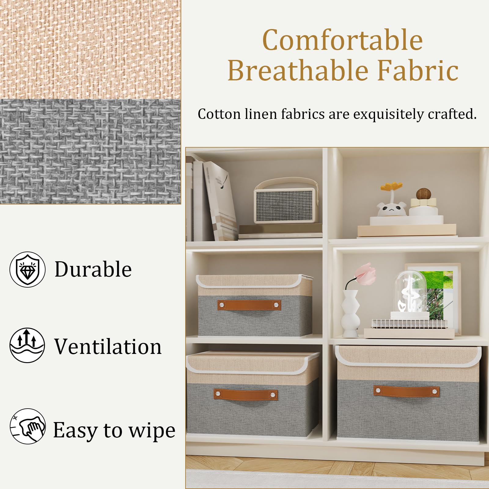 OUTBROS Paniers de Rangement, 38 x 25 x 25 cm Boîte Pliables avec Couvercles et Poignées, Bac Range pour Vêtement, Magazine, Chambre à Coucher (3 pièces, Gris/Beige)
