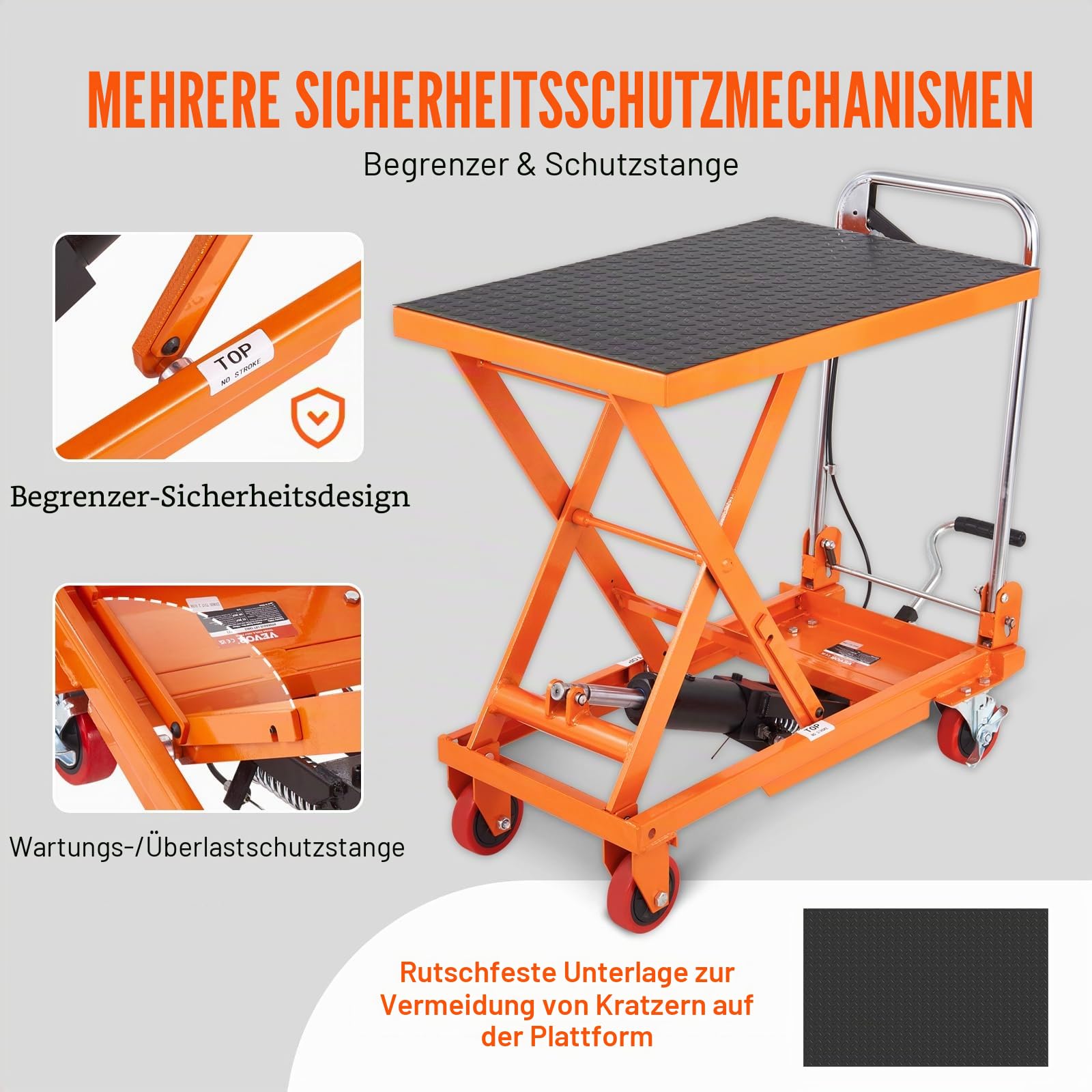 VEVOR Scherenhubtisch hydraulisch 150 kg Tragfähigkeit Hubtischwagen 220–720 mm Hubbereich Hubtisch Werkstatt 700 x 450 mm Plattform Scherenhubwagen Einzelschere für Fabriken Lagerhäuser Supermärkte