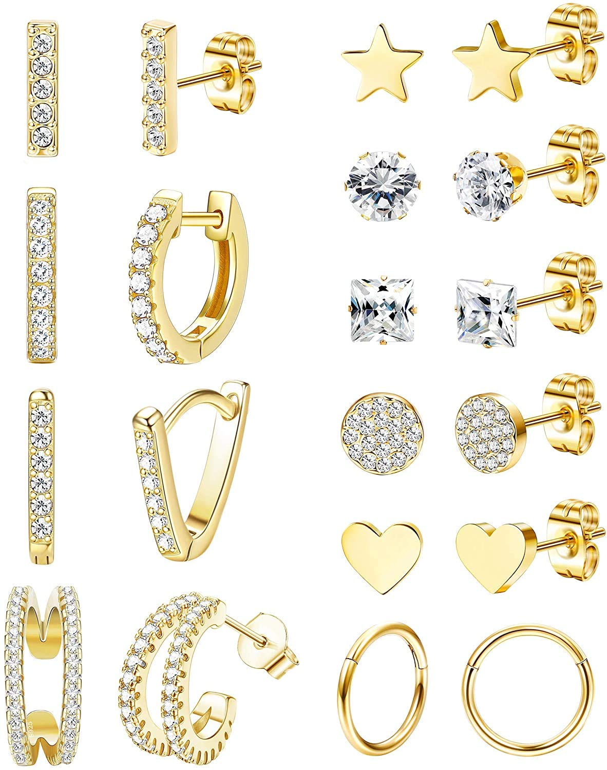 MILACOLATO10 Pares De Pendientes De Acero Inoxidable Con Forma De Corazón y estrella Para Mujer, Conjunto De Piercings De Oreja De Circonita Cúbica Dorada y plateada