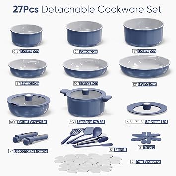 CAROTE 27pcs Ceramic Cookware Set, Pots and Pans Set with Detachable Handle