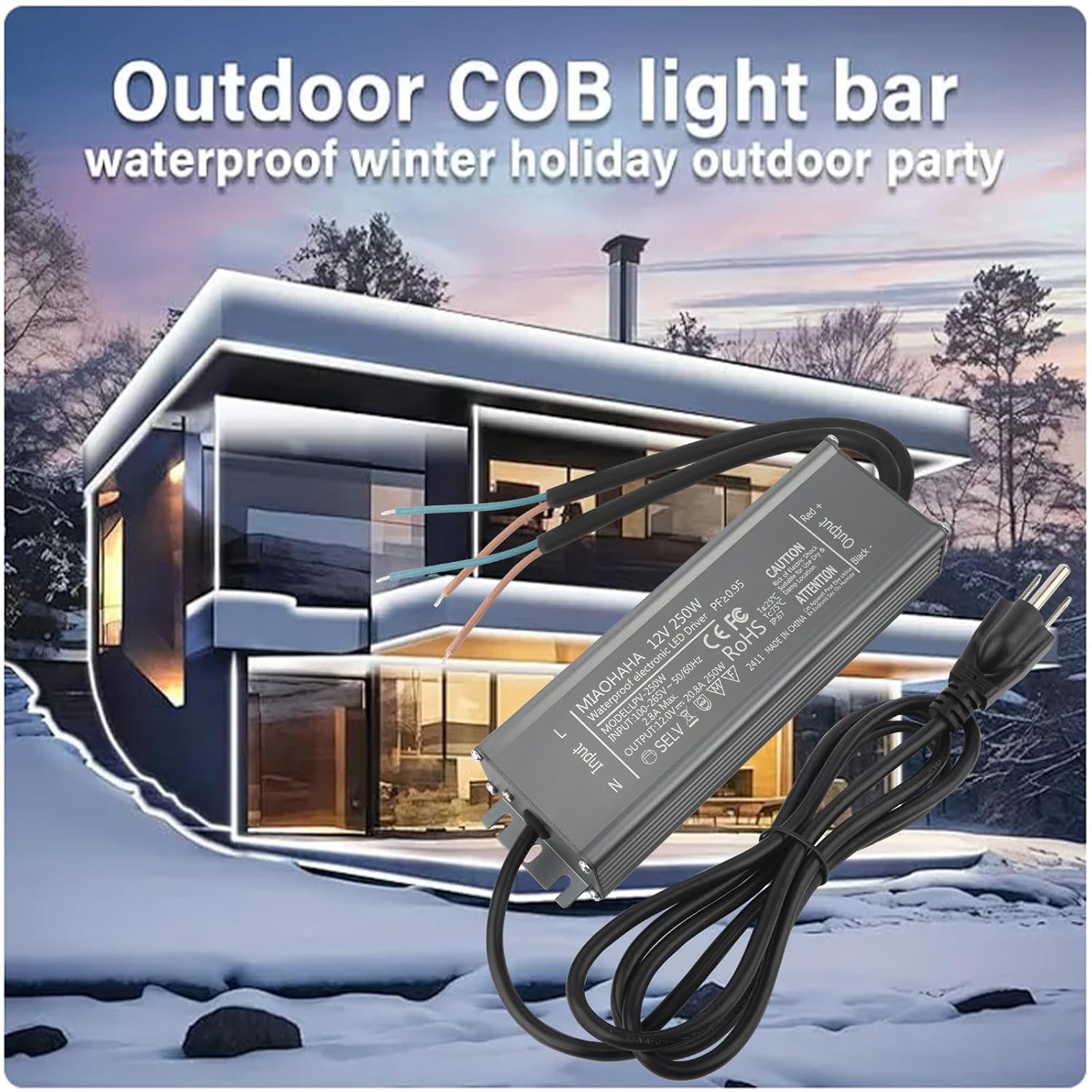 LED Driver 12V 250W, Waterproof IP67 LED Power Supply, AC 110V to DC 12 Volt Low Voltage Transformer with 3-Prong Plug 3.3 Feet Cable for DC Indoor Outdoor LED Light, Computer Project