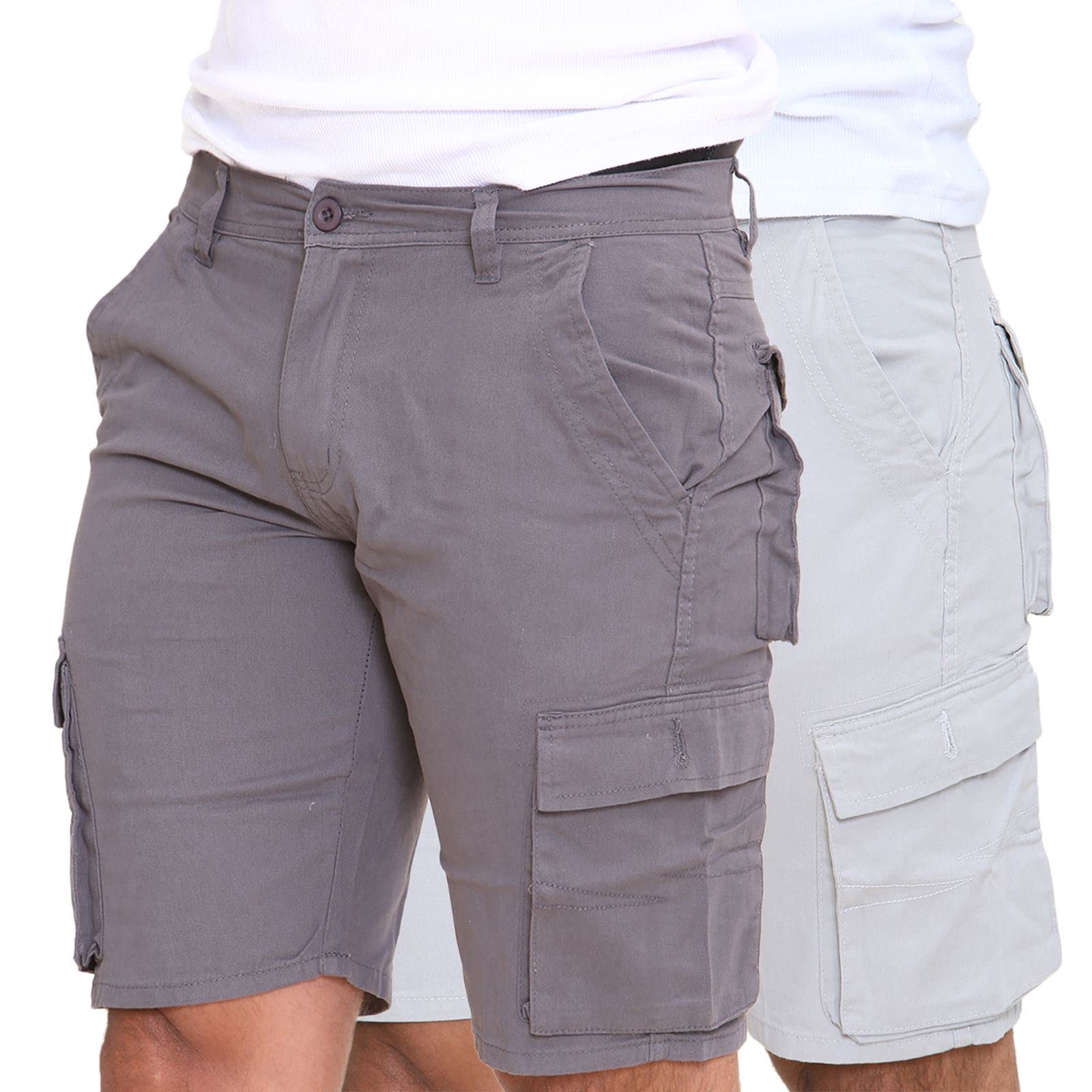 Westace Men's Grey & Charcoal - Cargo Cargo Shorts Combat Twill Work Chino Knee Length Summer Pants Pockets Pack Of Two, 36W