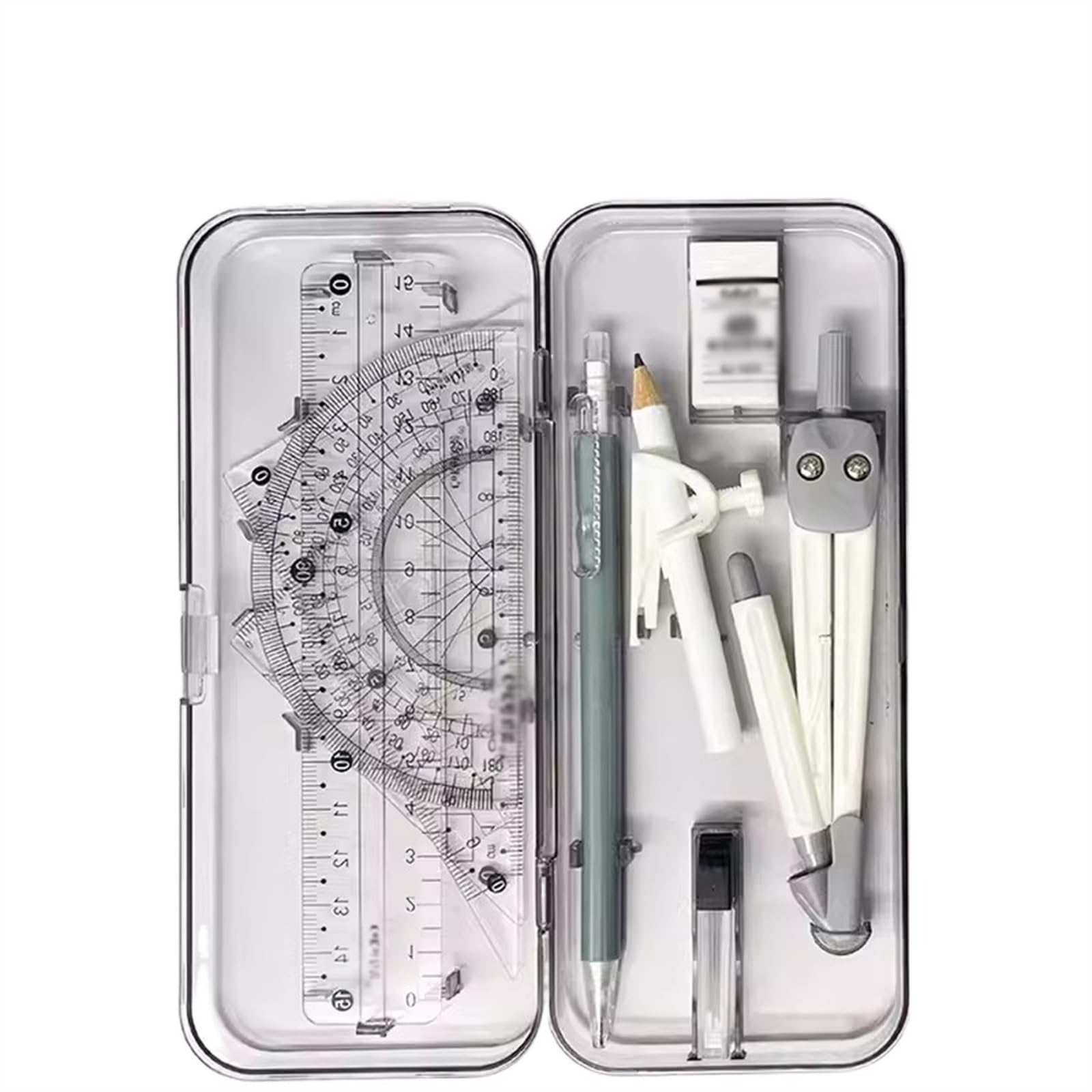 Mathe-Set, Winkelmesser-Set, Zeichenkompass, Mathe-Geometrie-Set, 8-teiliges Schülerbedarfsset mit Aufbewahrungsbox, einschließlich Lineal, Winkelmesser, Zirkel, Radiergummi, Bleistiftminen, Bleistift
