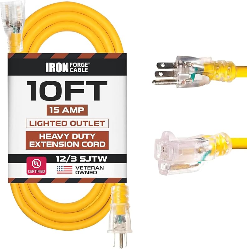 Cable de forja de hierro Cable de extensión resistente de calibre 12, 10 pies - amarillo SJTW | Cable para exteriores 12/3, extremo iluminado, enchufe con conexión a tierra de 3 puntas, 15 amperios, resistente a la intemperie - Para sitios de trabajo, garajes, electrodomésticos, RV