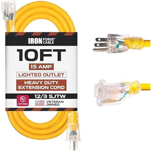 Iron Forge Cable 12 Gauge Heavy Duty Extension Cord, 10 Ft - Yellow SJTW | 12/3 Outdoor Cable, Lighted End, 3 Prong Grounded Plug, 15 Amp, Weatherproof - For Job Sites, Garages, Appliances, RV