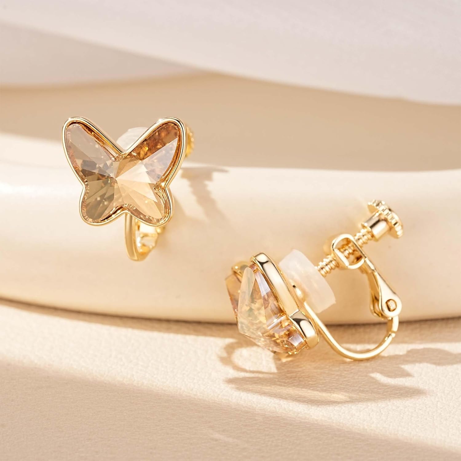 EVEVIC Austrian Crystal Butterfly Clip On Earrings for Women Adjustable Screw Back Non Pierced Earring 14K Gold Plated Hypoallergenic Jewelry - Image 4