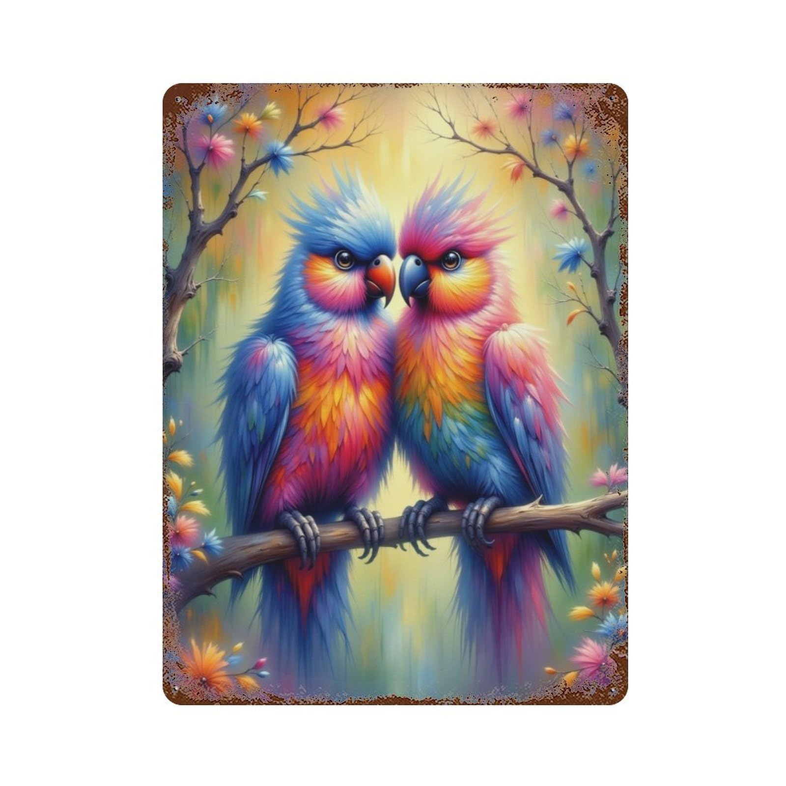 Colorful Parrots in Fantasy Forest Decorative Tin Sign 15.7"x11.8", Rustic Home Decor for Cafe, Home Bar And Lounge Decor