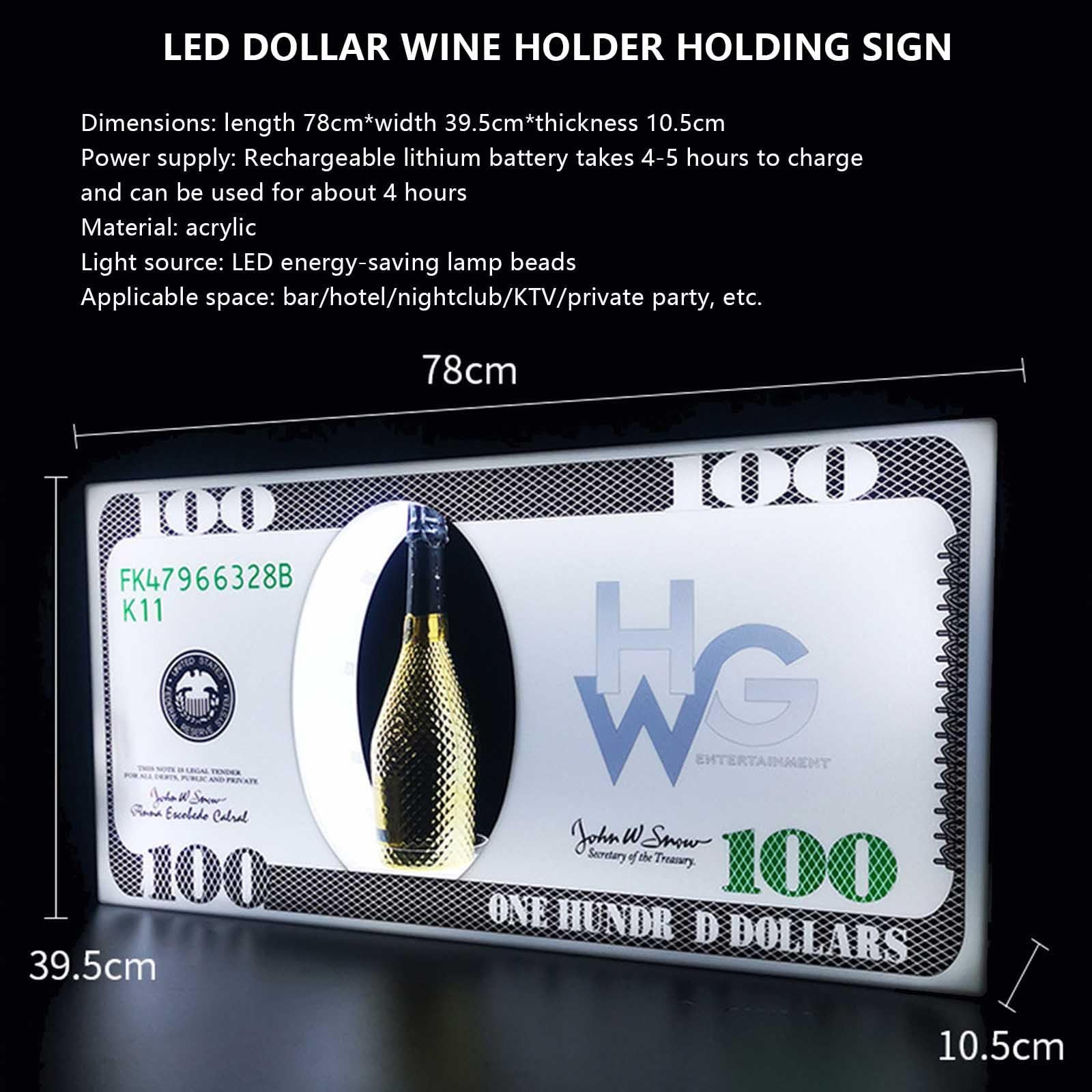 Display LED ricaricabile per bottiglie di champagne con barra luminosa e aspetto da 100 banconote, ideale per discoteca, villa e segnaletica VIP per feste private