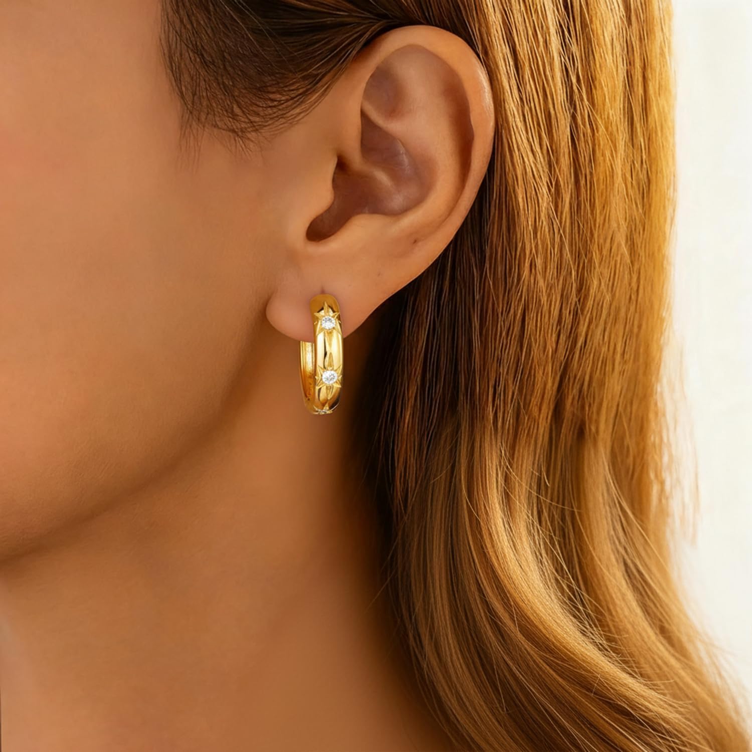 14K Gold Hoop Earrings for Women Gold Earrings for Women Hoop Earring for Womens Hoops Three Eight-Pointed Star with Cubic Zirconia Womens Hoops Earring - Image 3