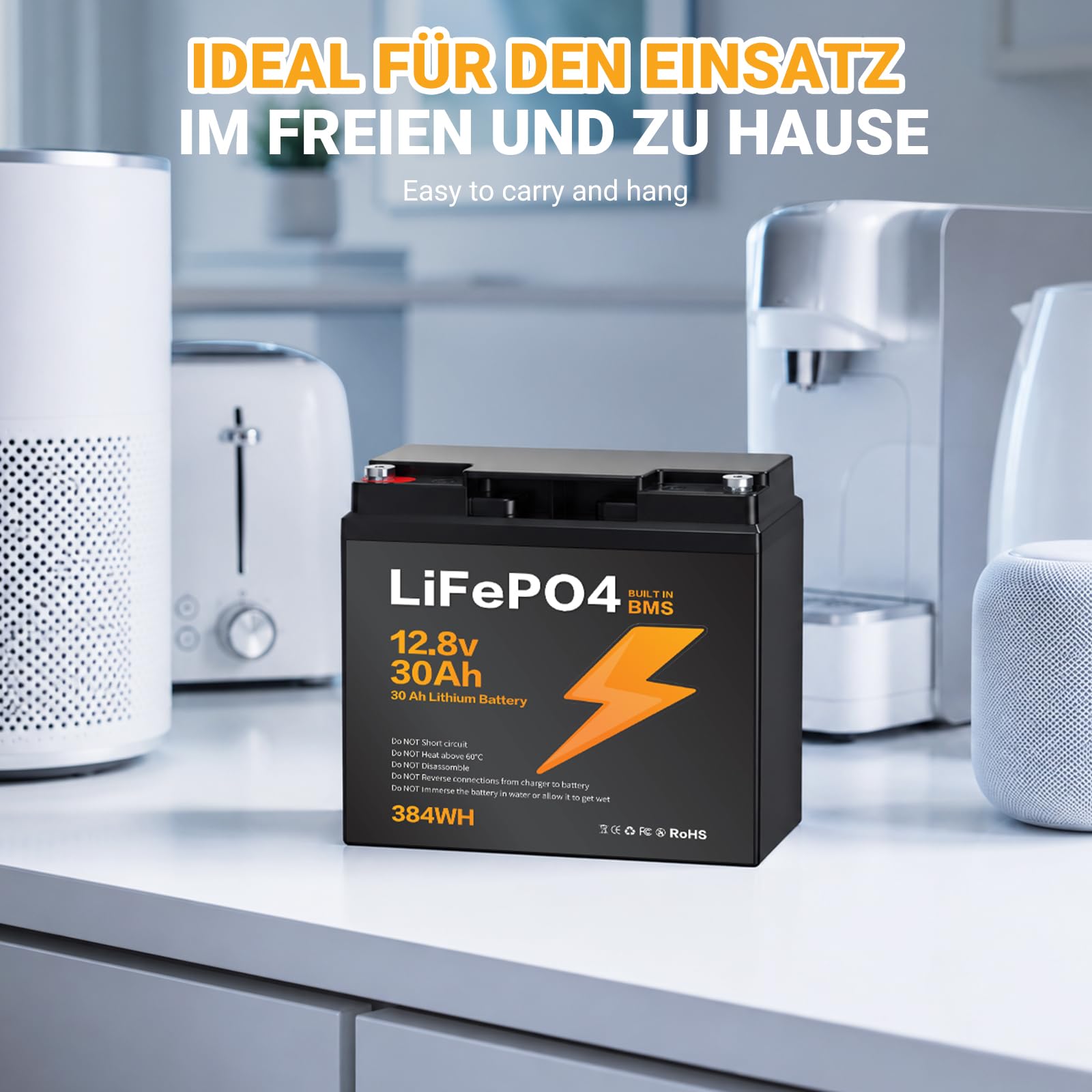 12,8V 30Ah LiFePO4 Batterie 384Wh mit integriertem BMS-Schutz | LiFePO4 Lithium Batterie mit BMS-Schutz, passend für Solaranlagen, Camping-, Boots- und Wohnwagengeräte