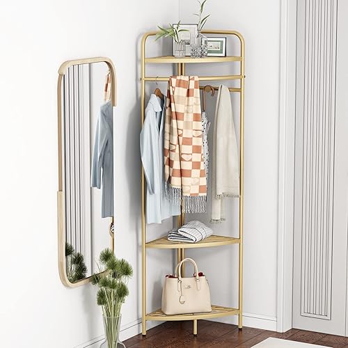 Miniatura 2 de Percheros de esquina dorados independientes, percheros de metal dorado con ganchos, perchero moderno resistente con estantes de almacenamiento de 3