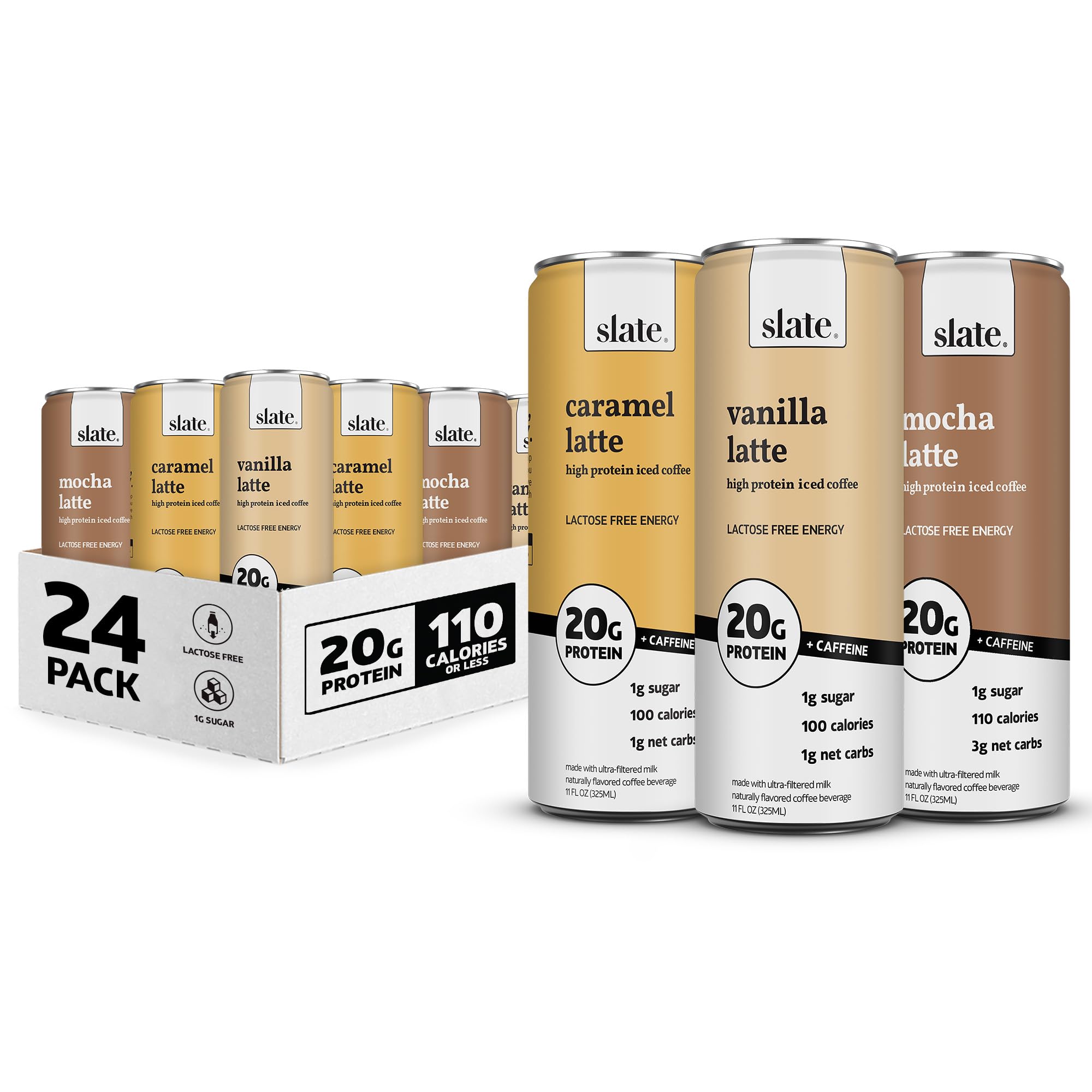 Slate Milk - High Protein Iced Coffee - Energy Variety Pack - Caramel Latte, Mocha Latte, Vanilla Latte - 175mg Caffeine, Lactose Free - 20g Protein, 1g Sugar - Protein Coffee - 11 fl oz, 24 Cans