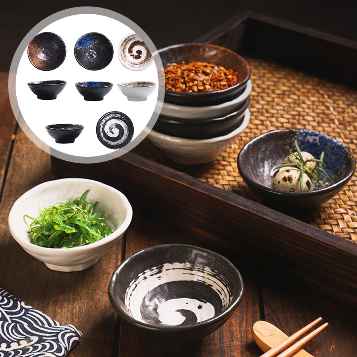 SHINEOFI Set de 4 Bols à Sauce Céramique Style Japonerie, Plats à Trempette Délicats et Créatifs Maison, pour Servir Snacks et Conserver Sauces