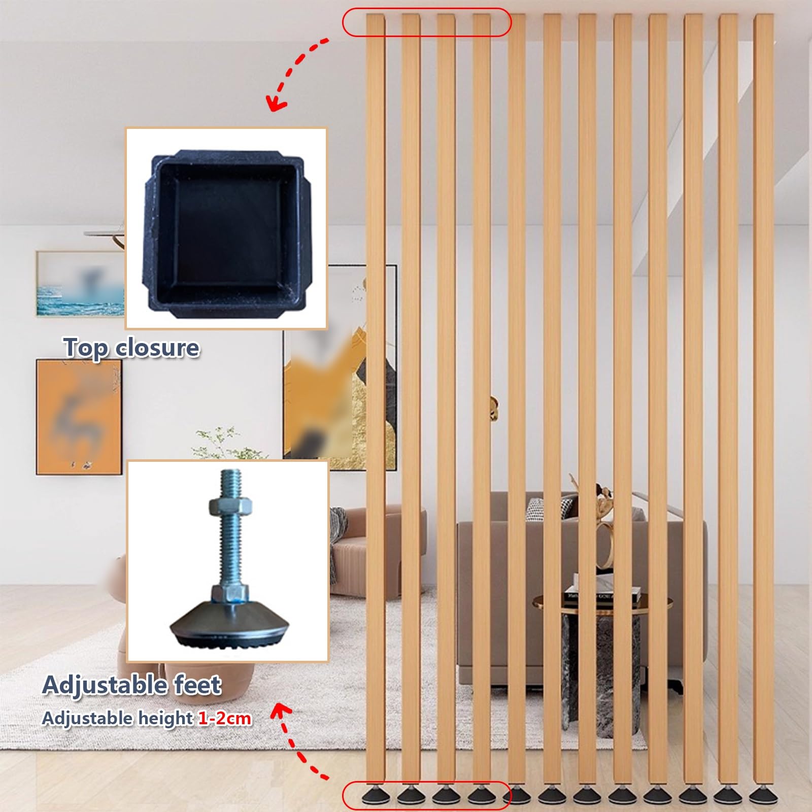 Decor Entrada de separación de Listones,Separador Ambientes,Separador de Ambientes Moderno,Patas Inferiores Ajustables,Sin Necesidad de taladrar,Fácil instalación(4-pcs,130cm/51.1in/4.26ft)