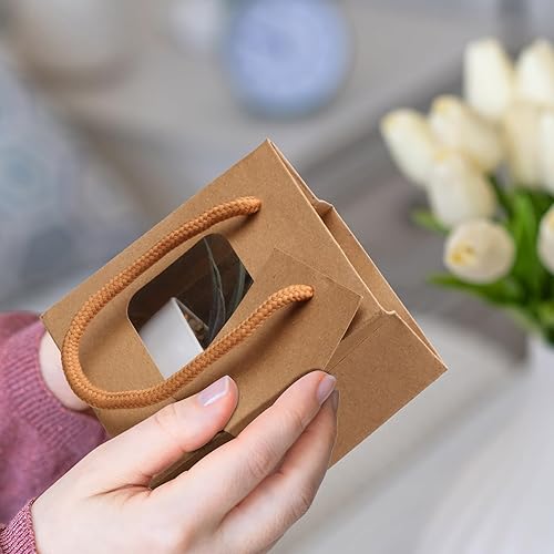Miniatura 4 de Fuutreo 50 bolsas de regalo de papel kraft marrón con ventana de 4 x 2.75 x 4.5 pulgadas, asas y etiquetas para bodas, San Valentín, papel de regalo