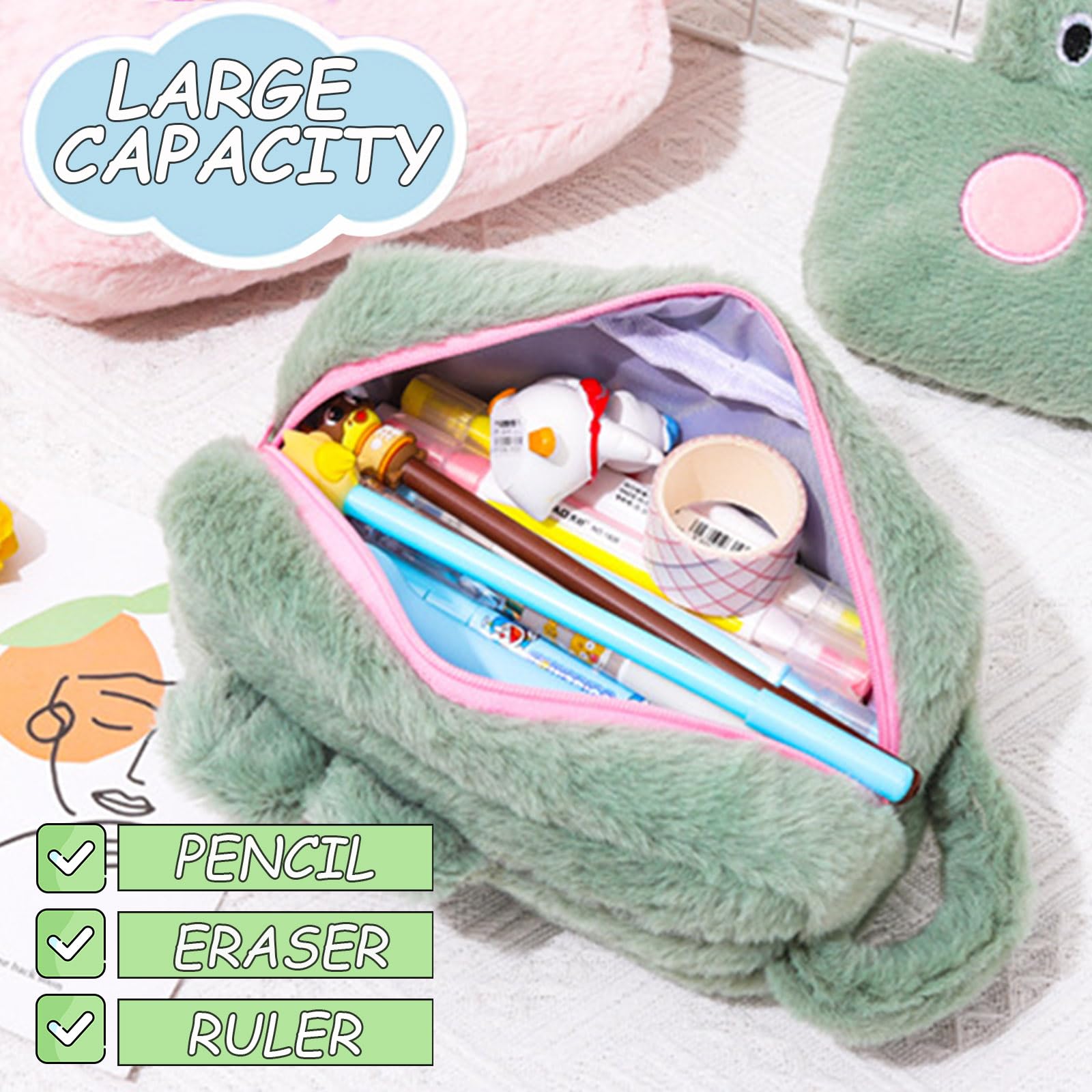 KASESSS Plush Pencil Case, Cute Crocodile Pattern, Large Capacity Kids Pencil Case, Funny Pouch for School Green - Image 2