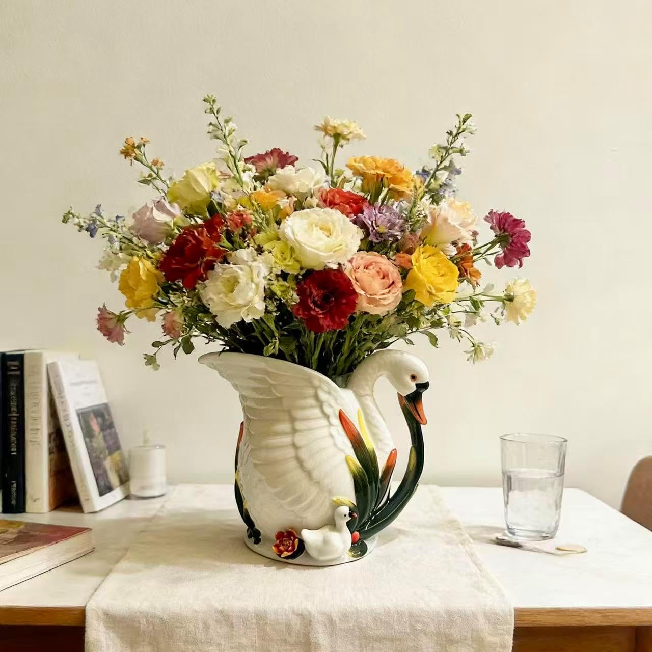 Ceramic Water Pitcher Flower Vase, Hand-Painted Swan Design Home Decor Bouquet Holder (White)
